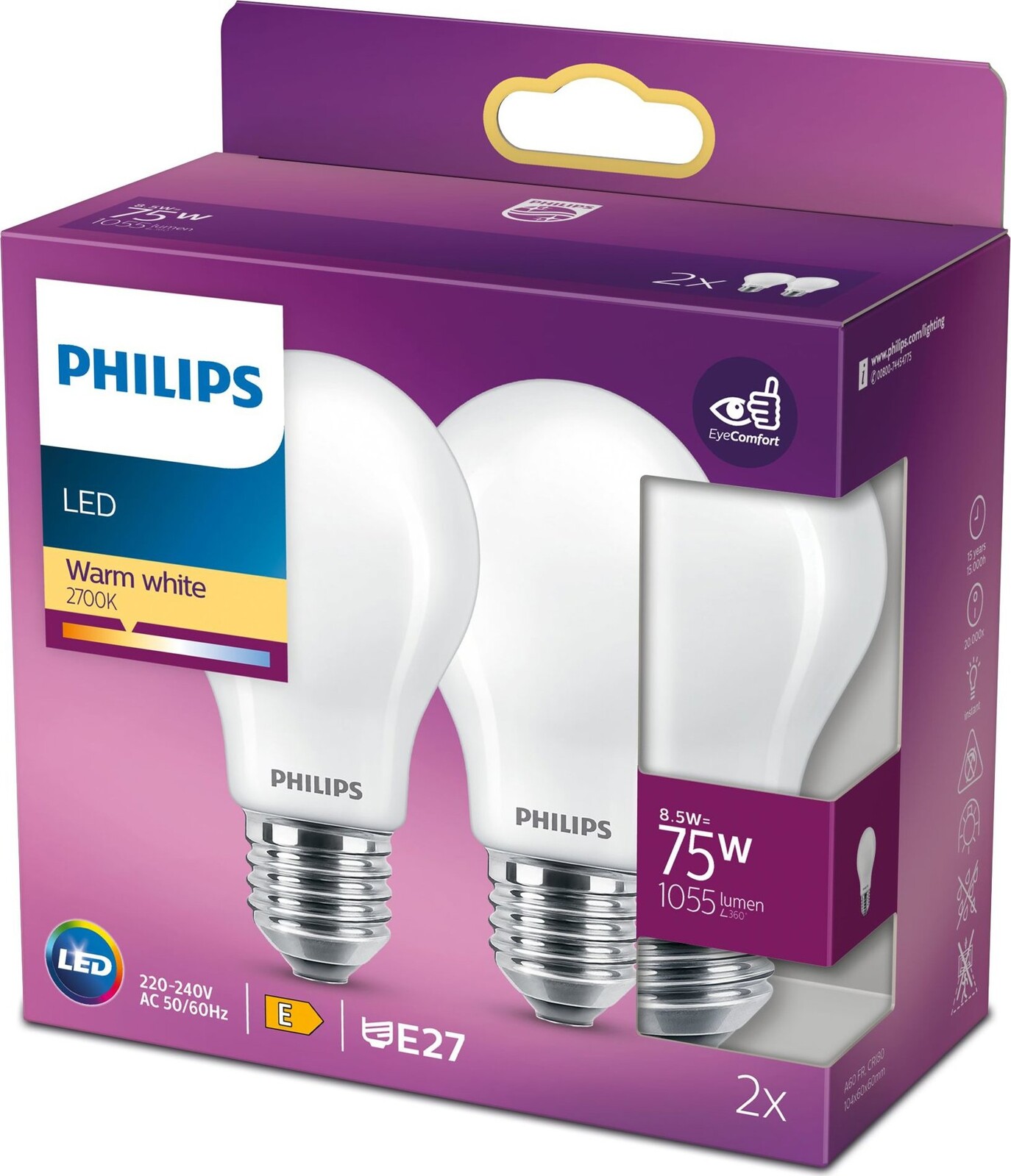 Philips Classic A60, E27, 75 W, teplá bílá, 2 ks