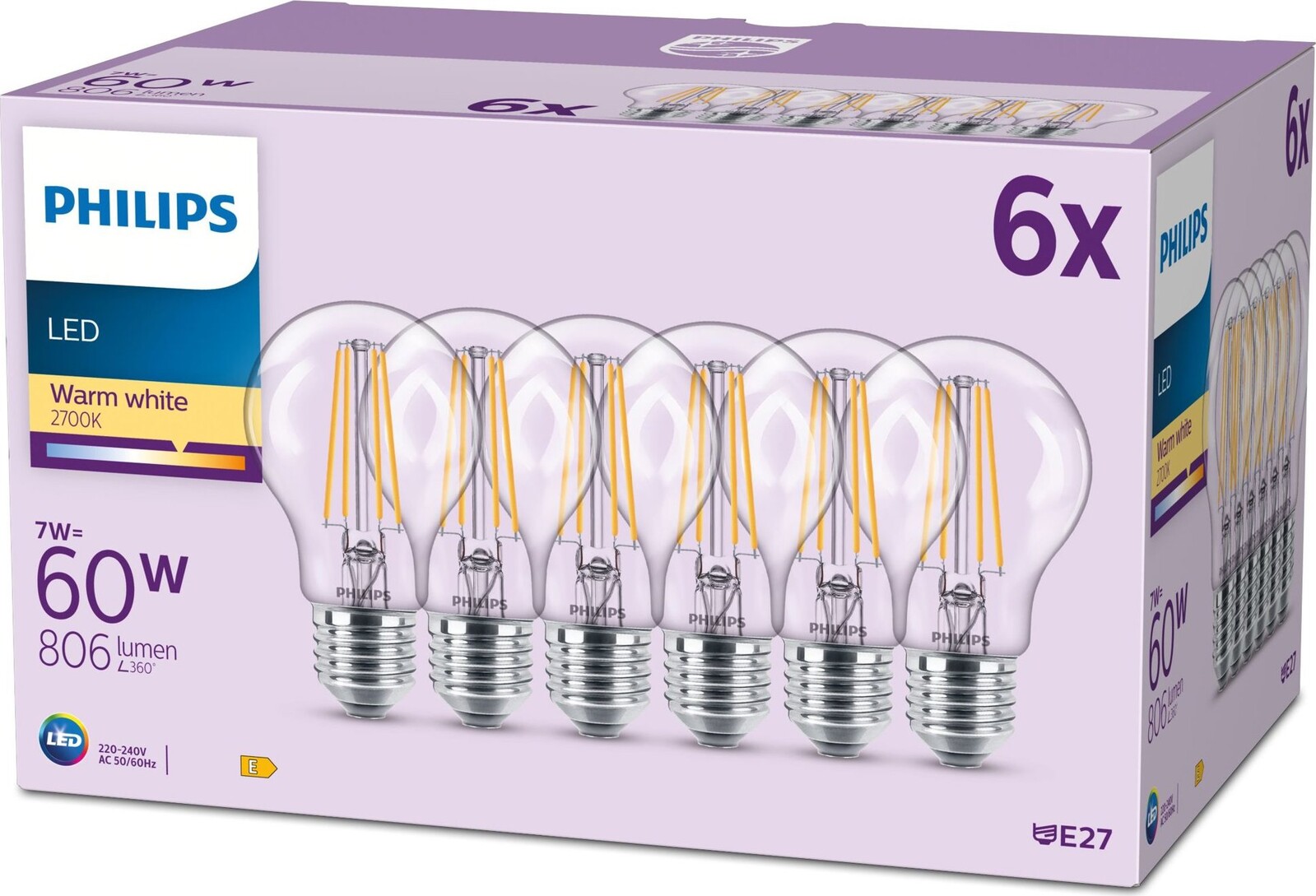 Philips Classic A60, E27, 60 W, teplá bílá, 6 ks
