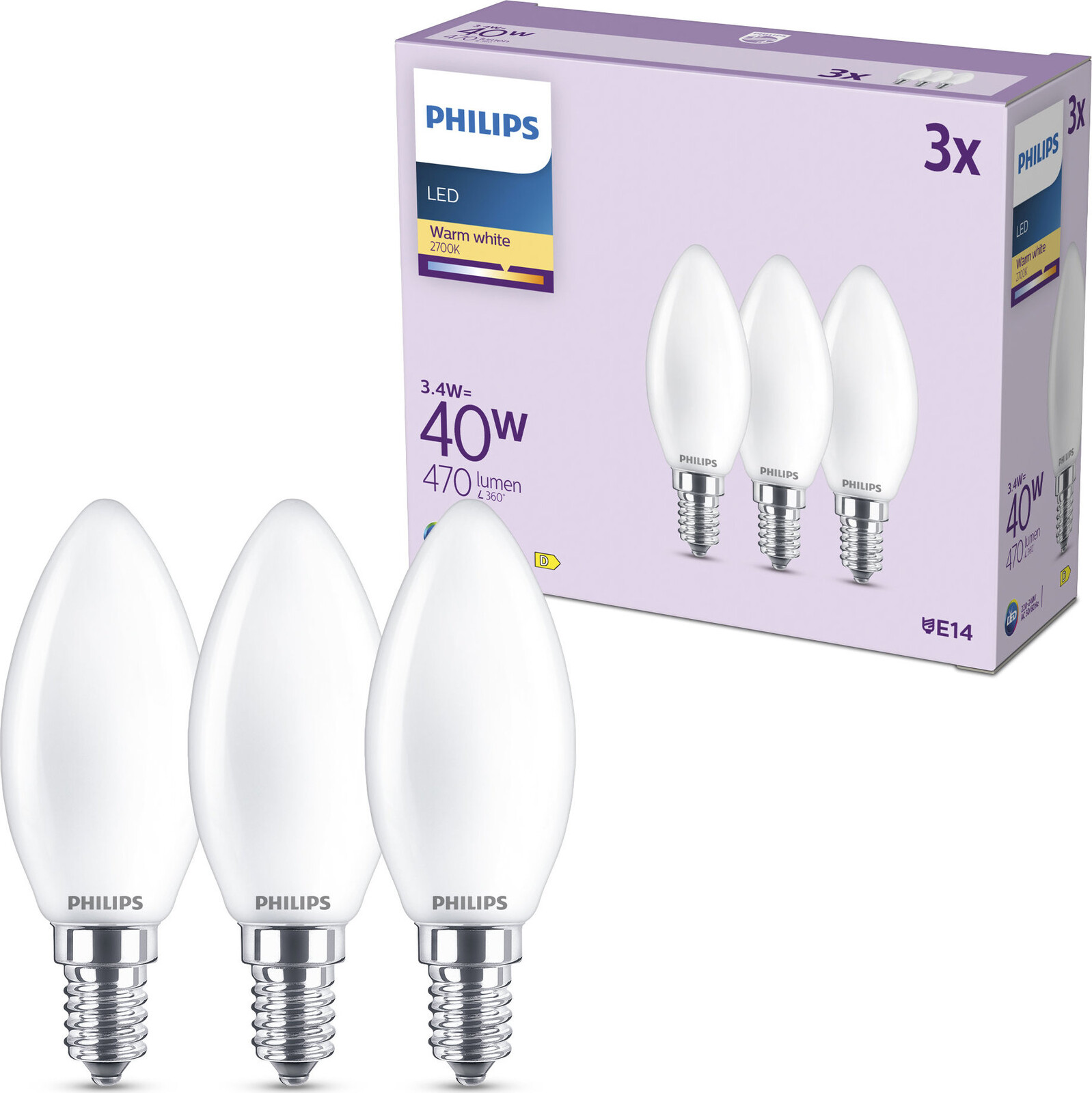 Philips Classic B35, E14, 40 W, teplá bílá, mléčná, 3 ks