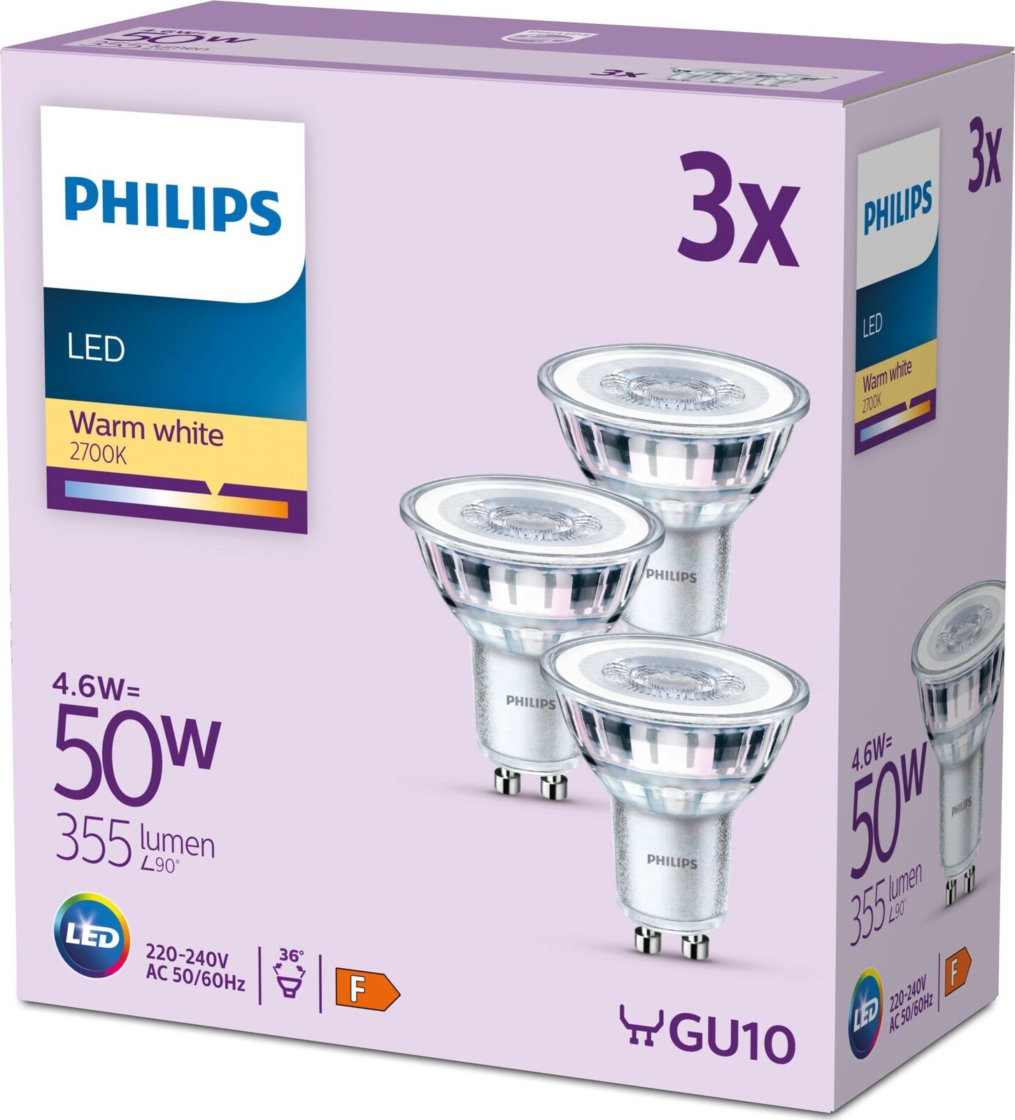 Philips Classic GU10, 50 W, teplá bílá, 3 ks