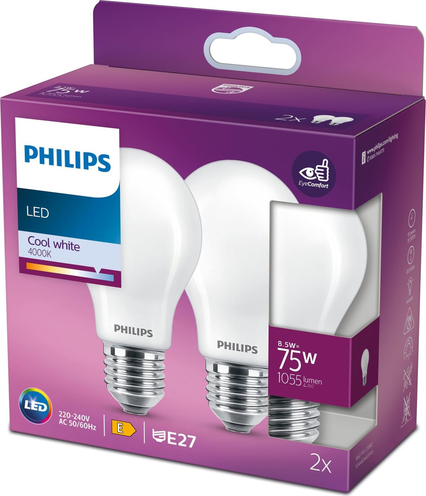 Philips Classic A60, E27, 75 W, studená bílá, 2 ks