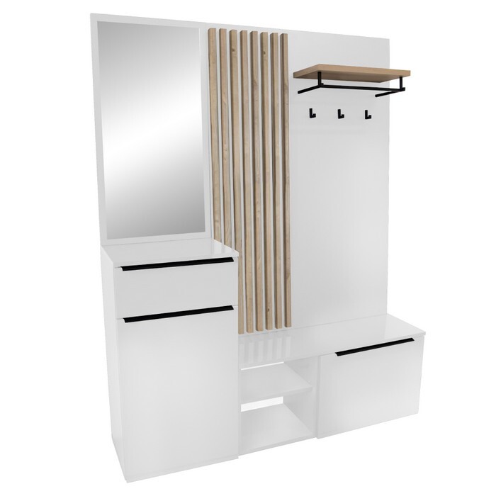 KONDELA Aliva V2 predsieň biela extra vysoký lesk HG / dub artisan