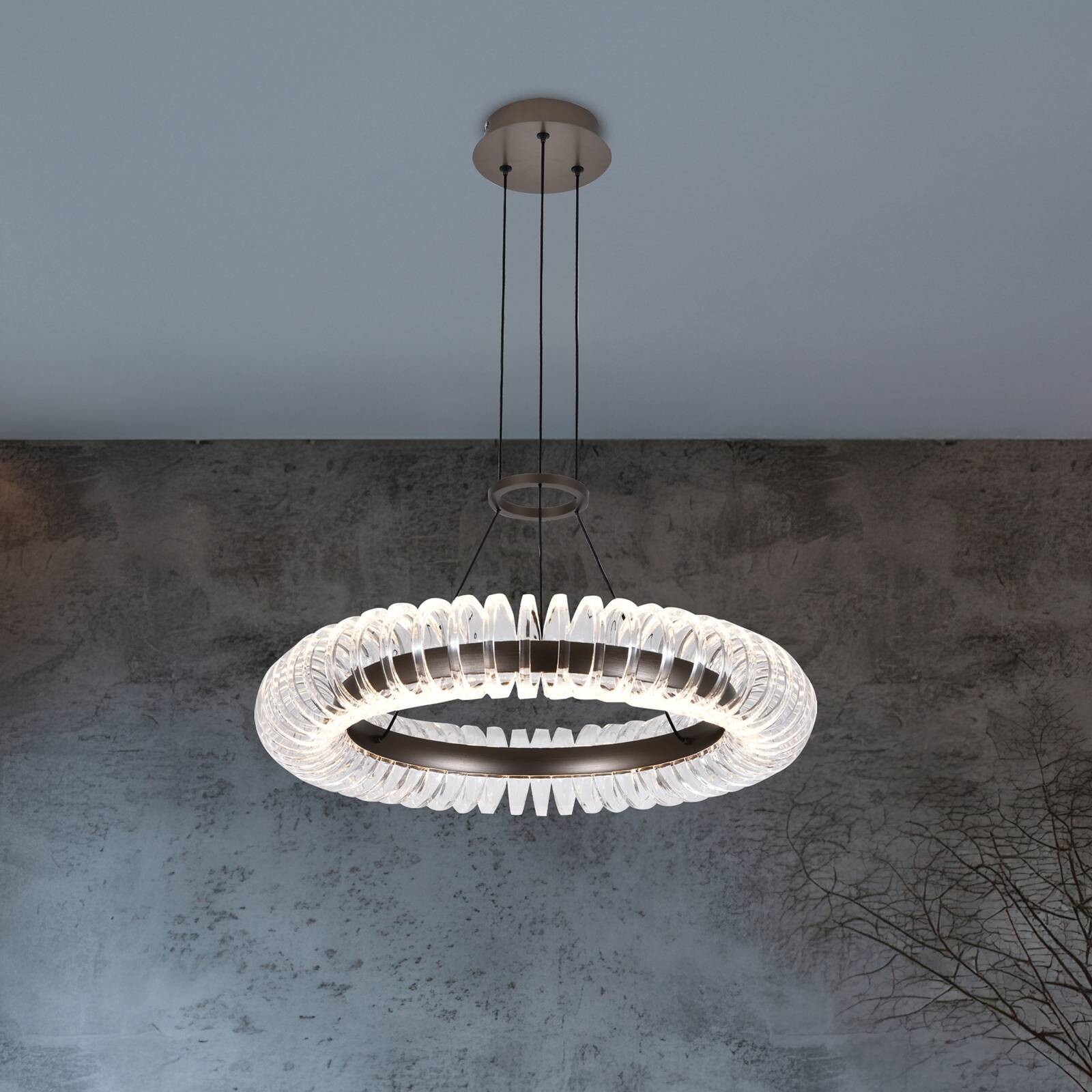 LED závesné svietidlo Alba, sivá brúsená/číra, Ø 60 cm, kov/akryl