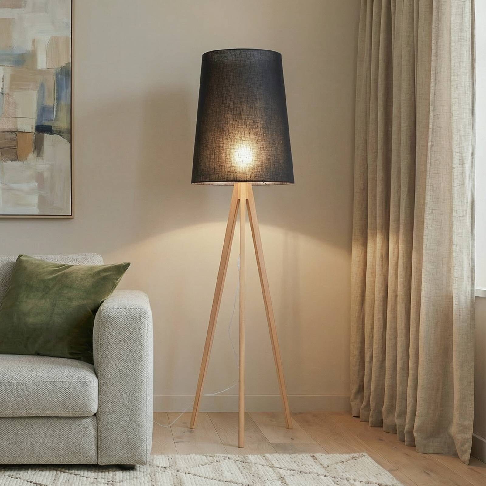 Stojacia lampa Walz, čierna, drevo, výška 175 cm, E27