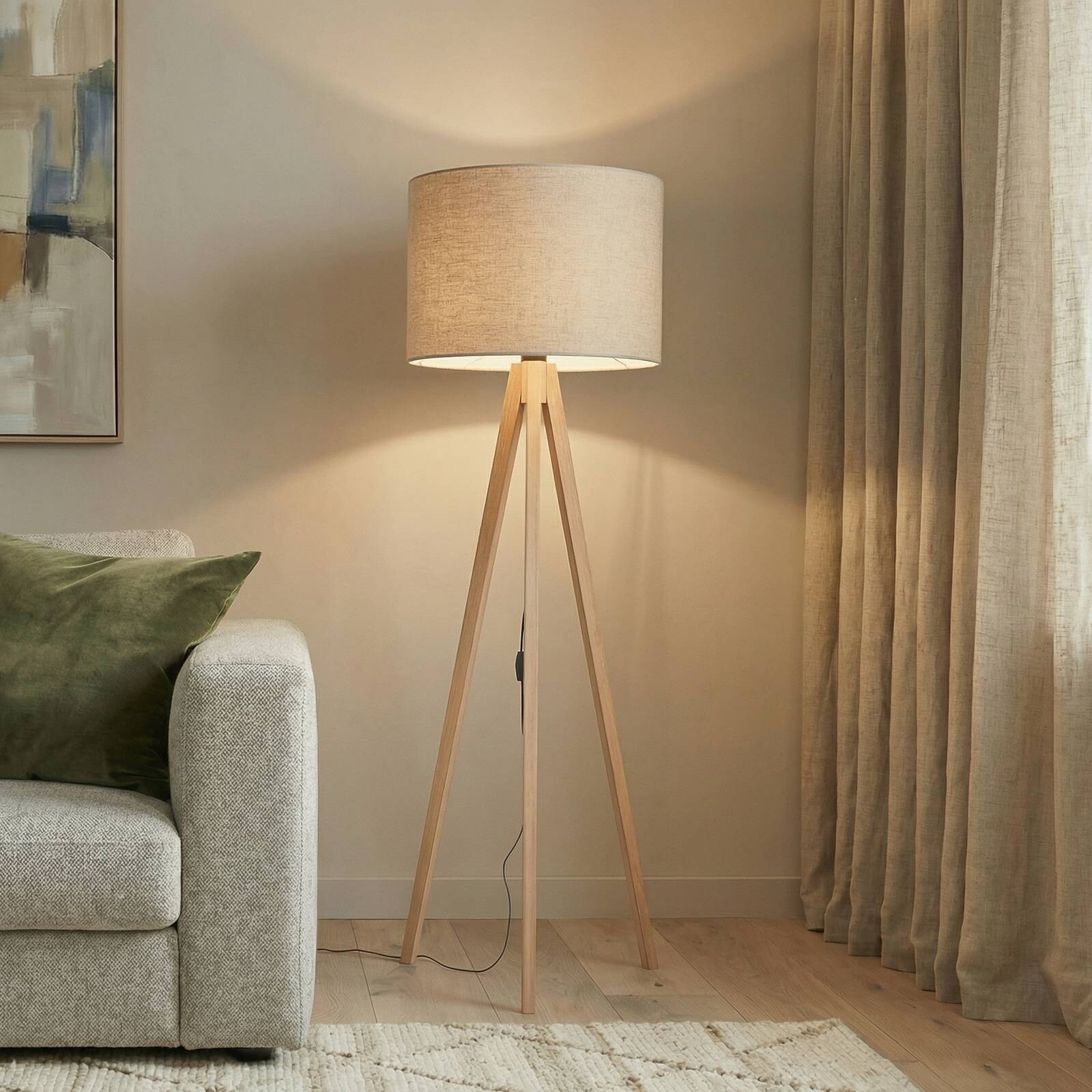 Stojacia lampa Grand, béžová/borovica, výška 145 cm, E27