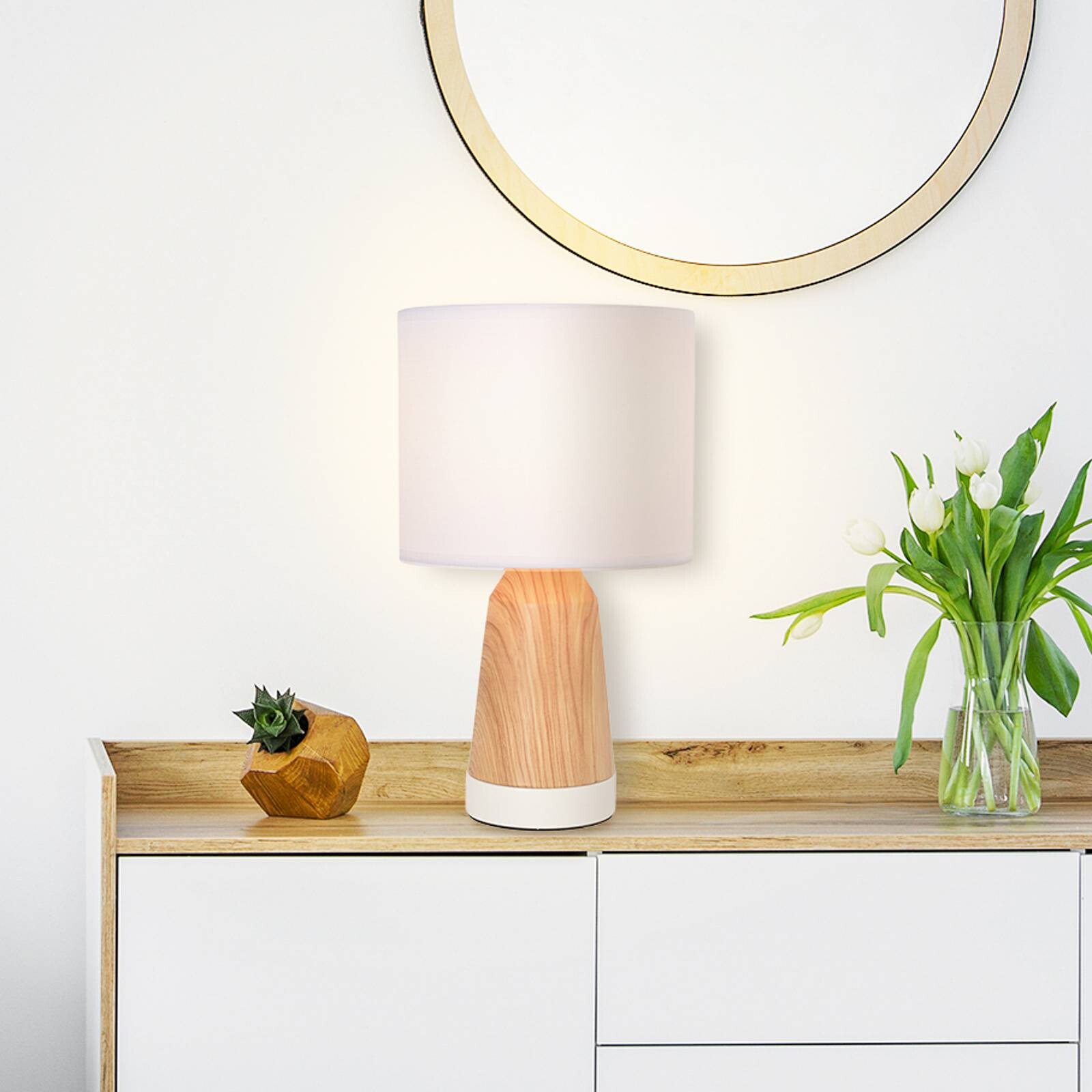 Stolová lampa Baltik, biela/svetlé drevo, výška 33 cm, kov/bavlna