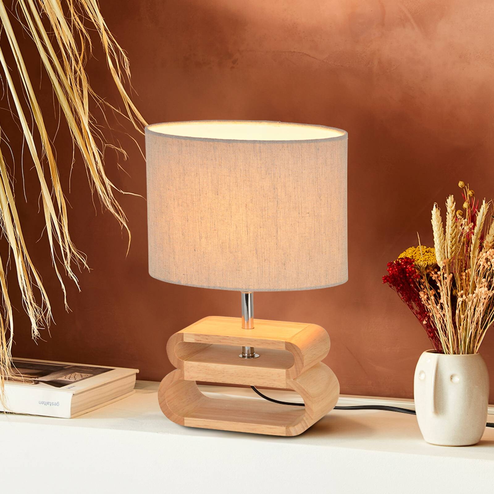 Stolová lampa Oslo, pyla/svetlé drevo, výška 30 cm, bavlna/drevo