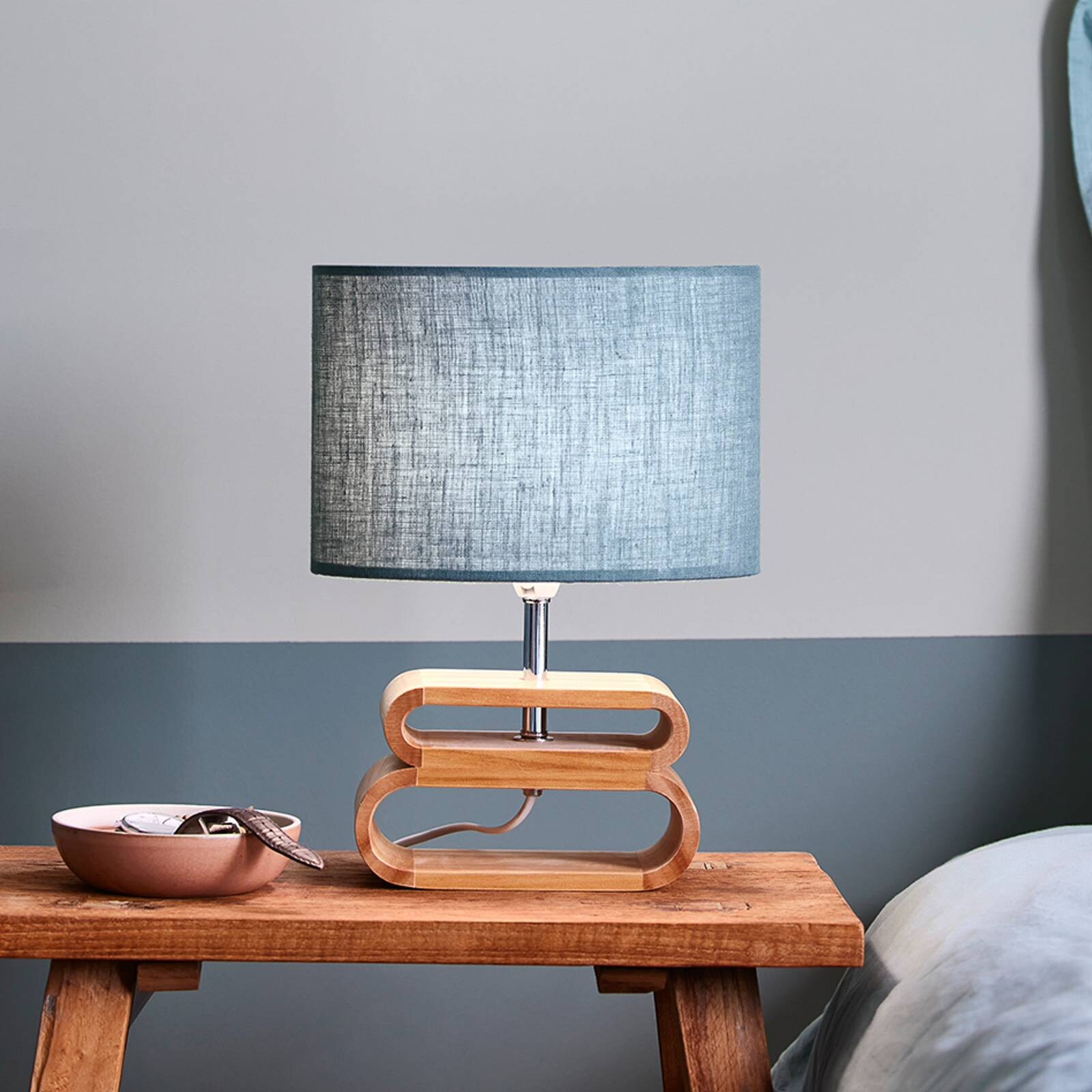 Stolová lampa Oslo, petrolová/svetlé drevo, výška 30 cm, ľan/drevo