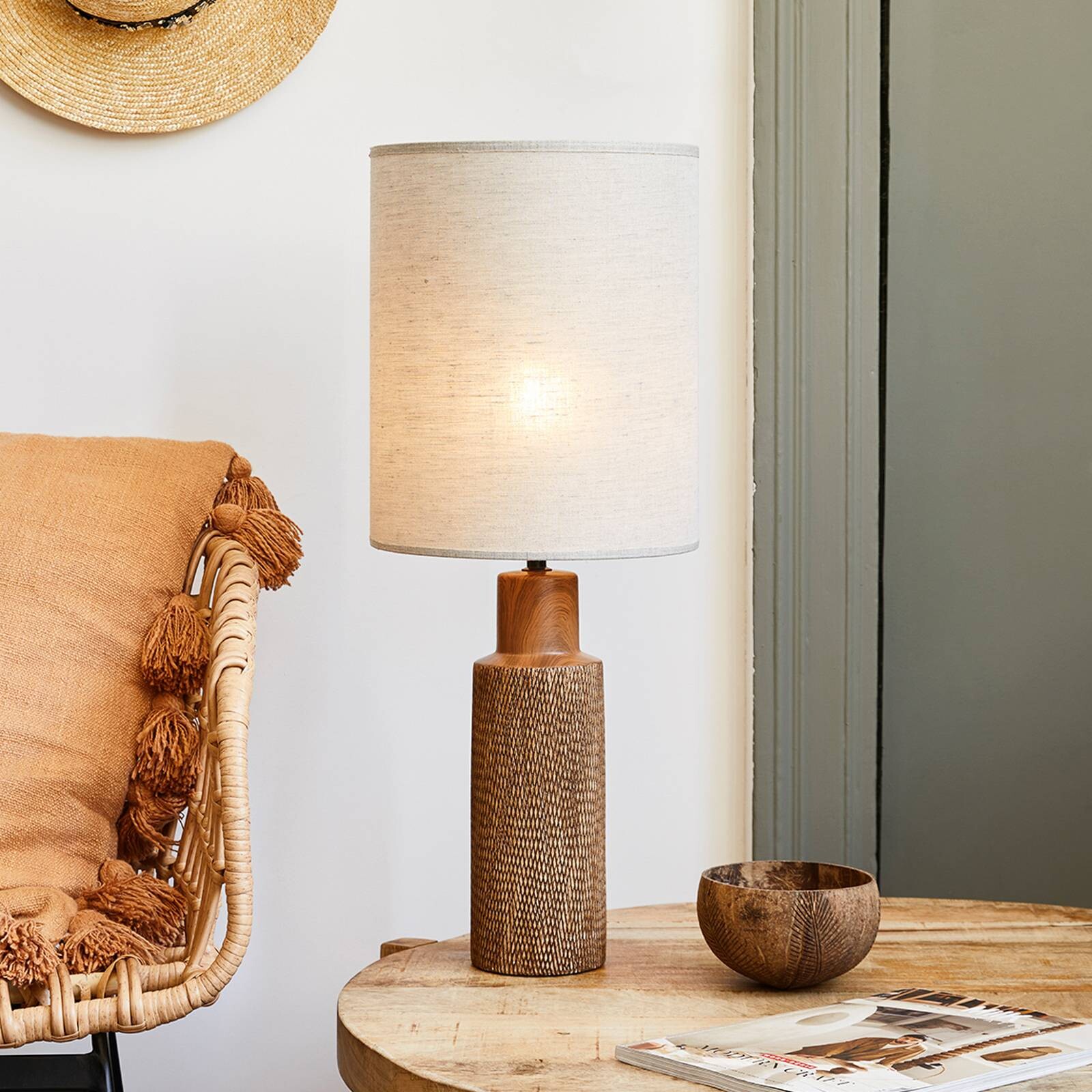 Stolová lampa Santal, béžová/hnedá, výška 63 cm, ľan/keramika