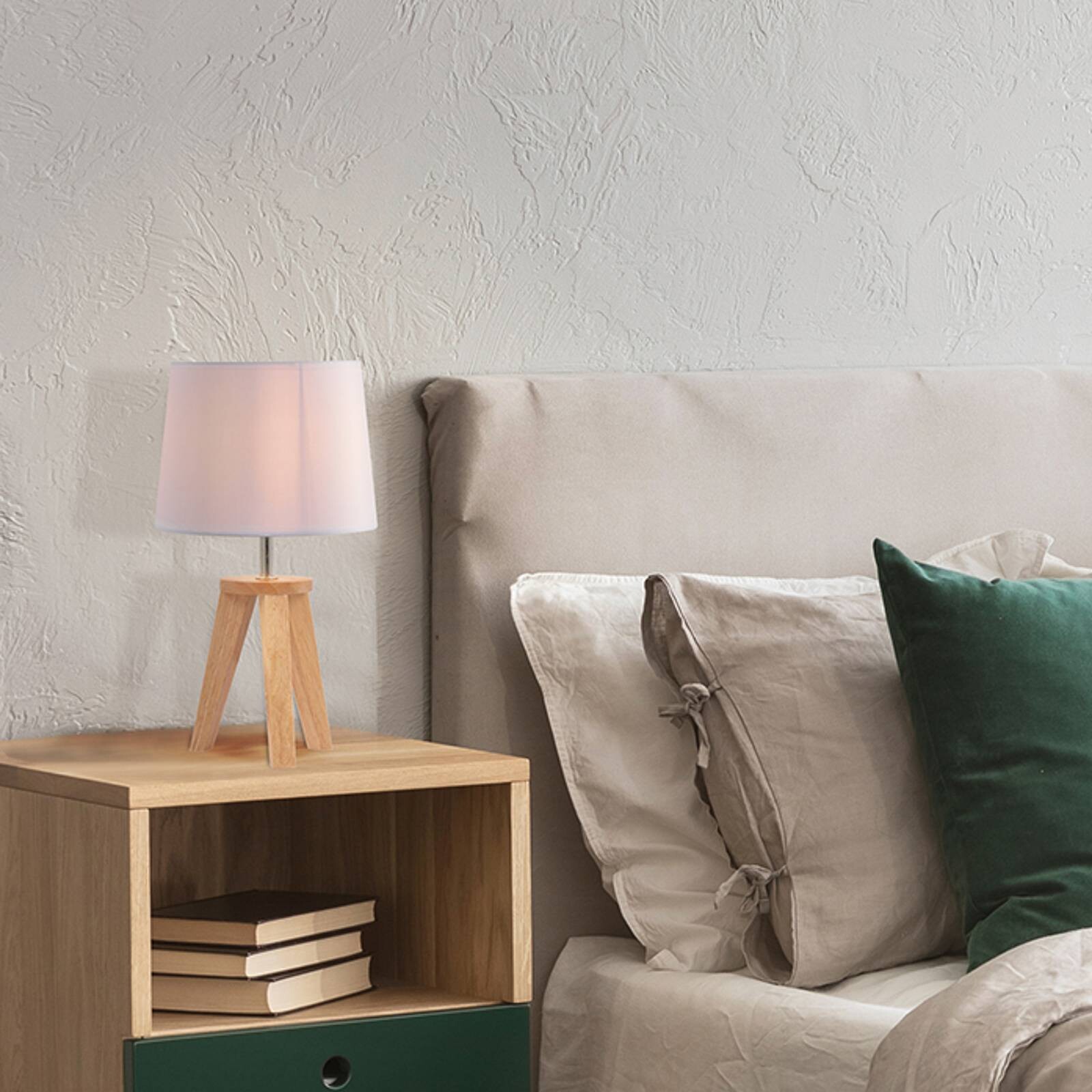 Stolová lampa Yoga, biela/svetlé drevo, 34 cm, bavlna/drevo