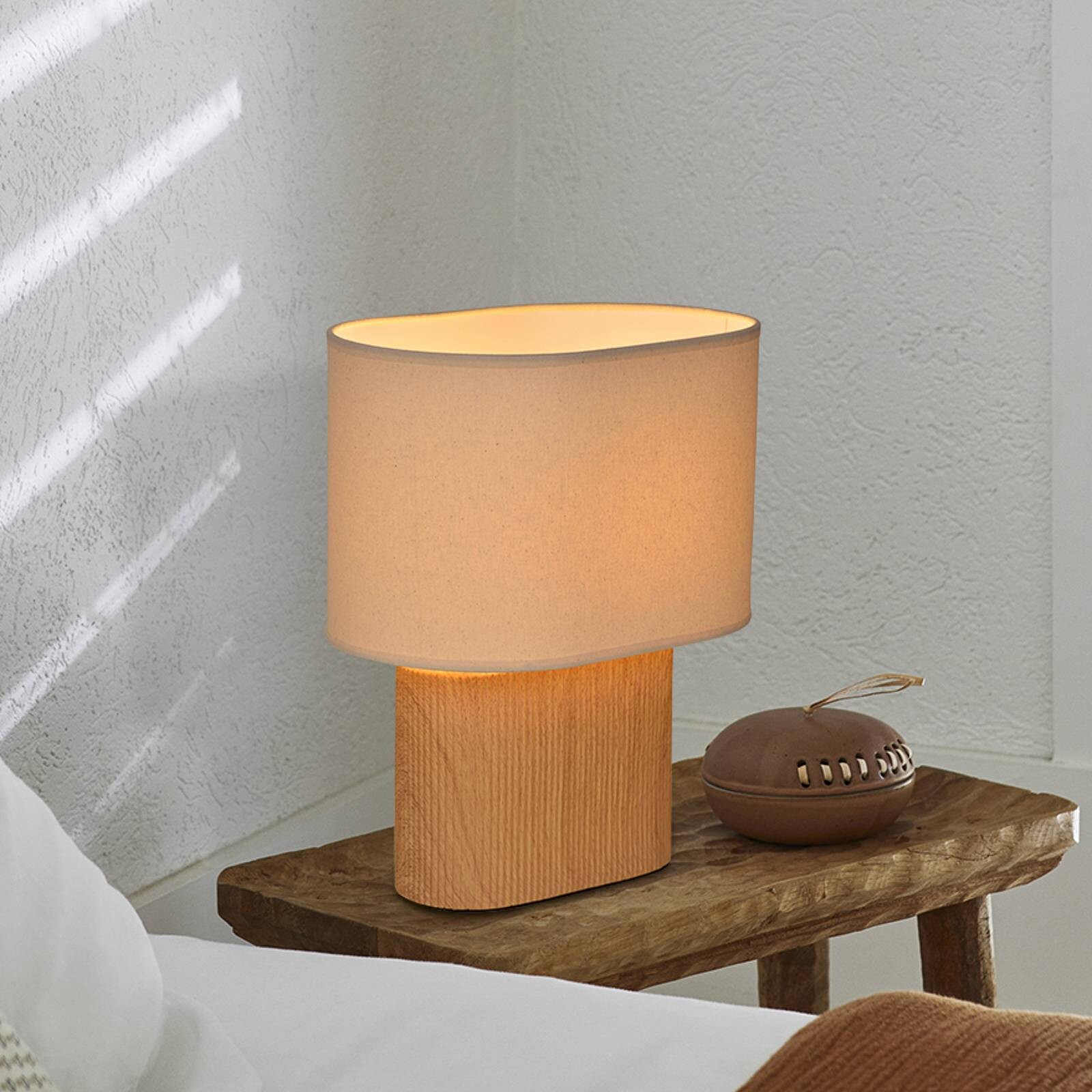 Stolová lampa Santorini, svetlé drevo/béžová, 38 cm, ľan/keramika