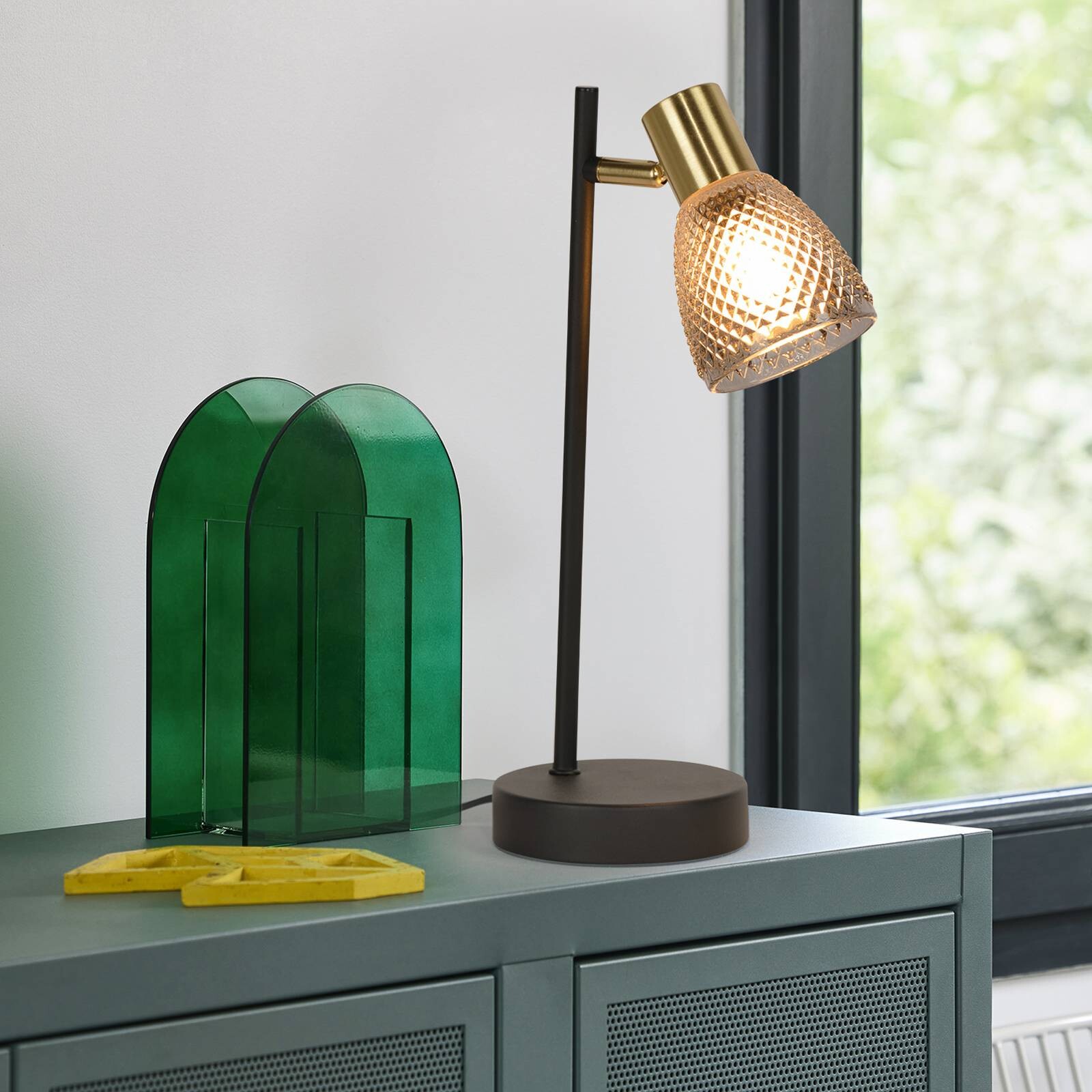 Stolová lampa Giada, čierna/dymovo sivá, výška 35 cm, kov/sklo