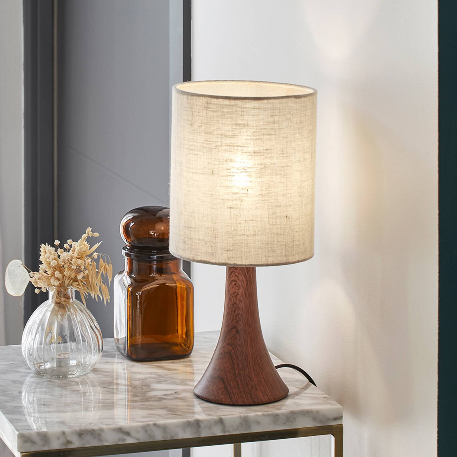Stolová lampa Arto, tmavohnedá/biela, výška 32 cm, kov/ľan
