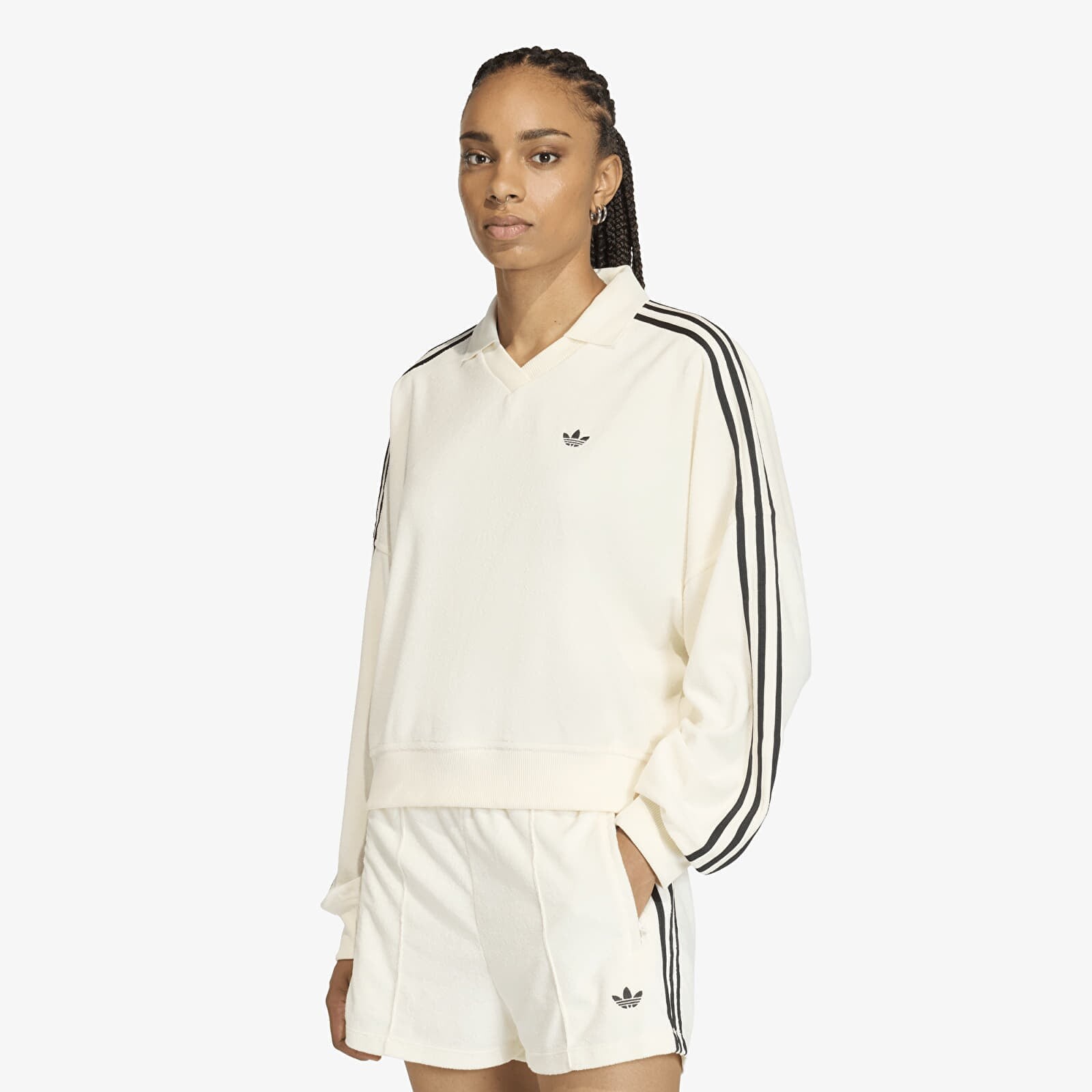 Tričko adidas Terry Towel V Neck Long Sleeves Polo Shirt Off White L