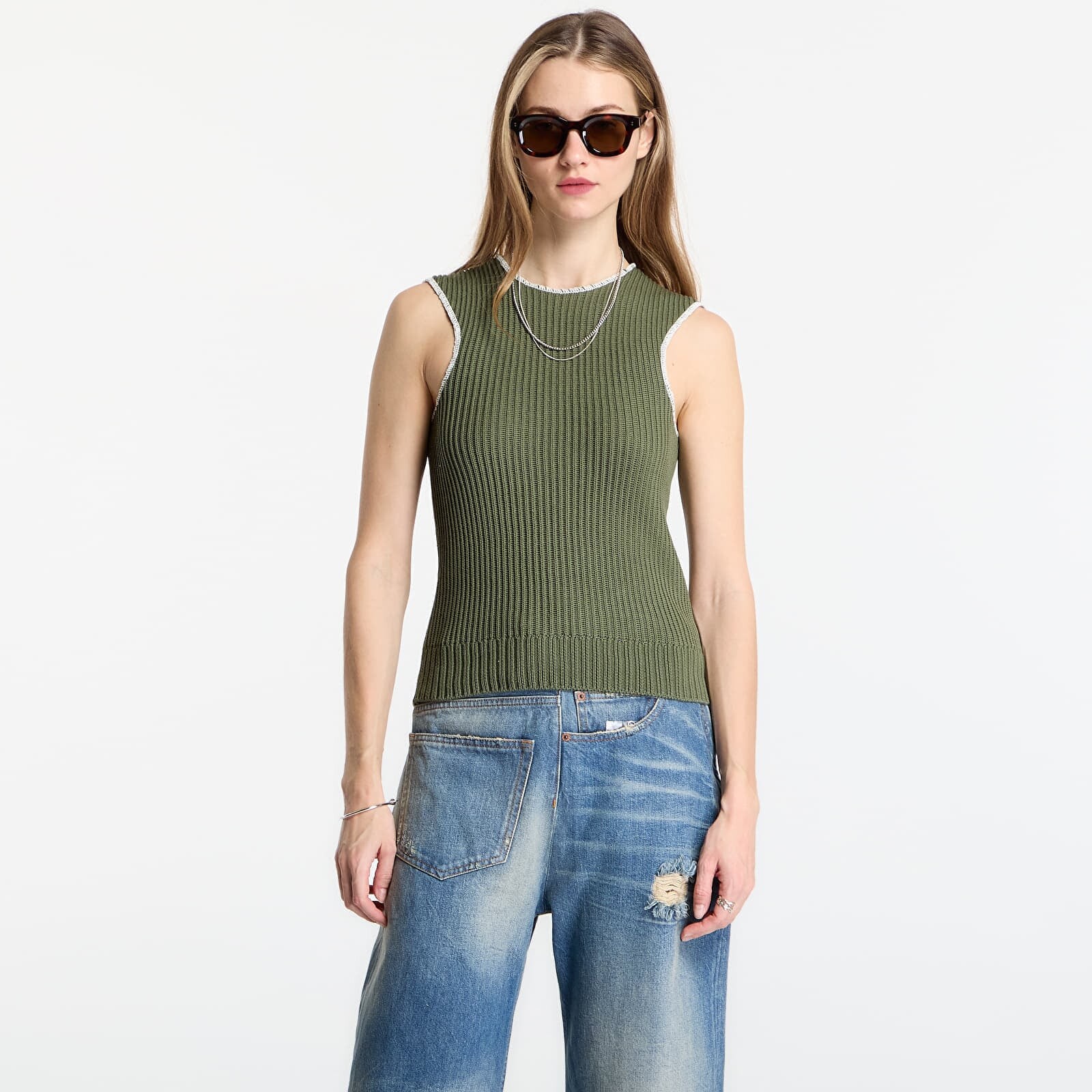 MM6 Ribbed Knit Sleeveless Top Khaki M