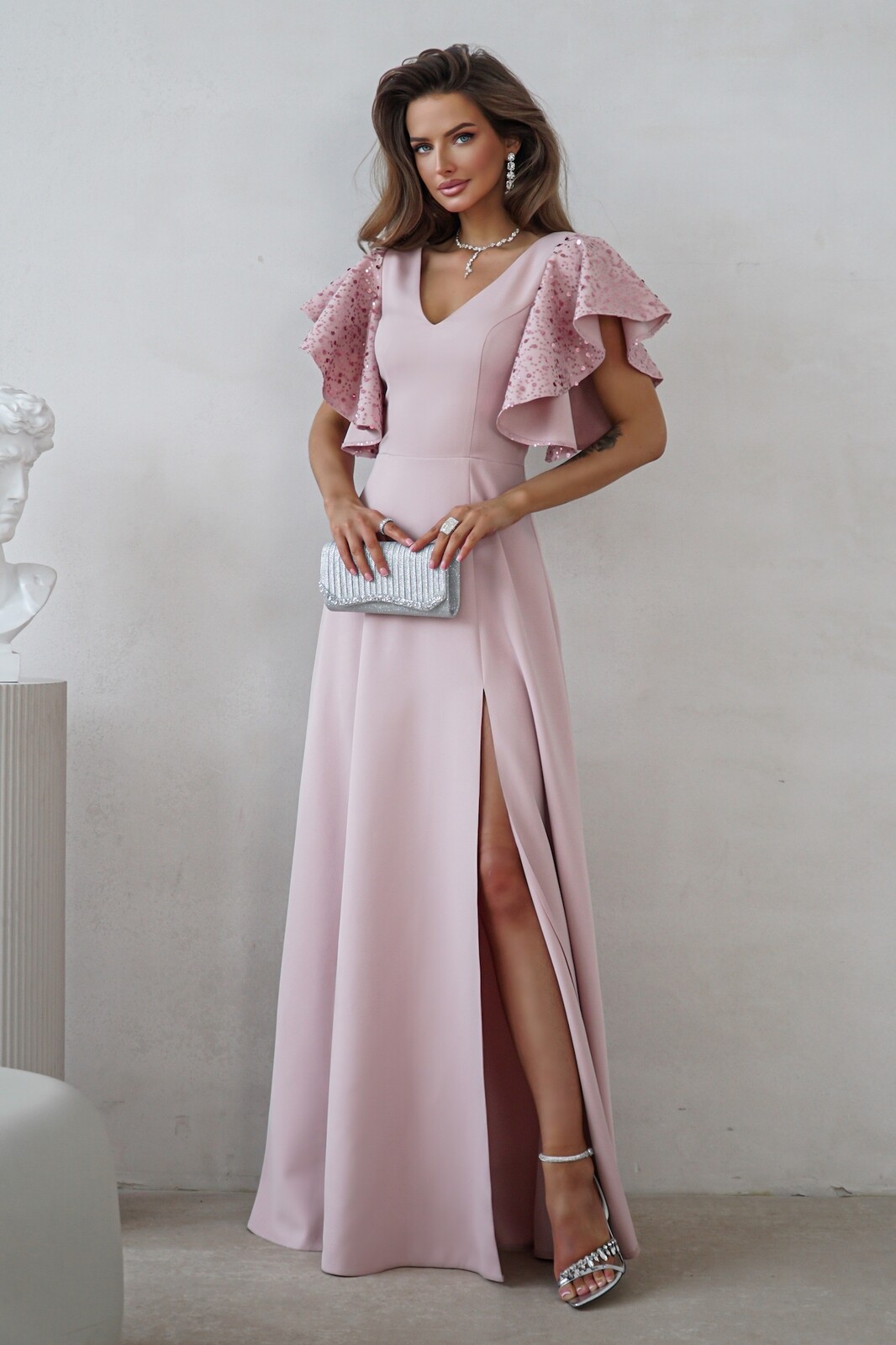 Warsaw Dress Staroružové spoločenské šaty s flitrovanými rukávmi Veľkosť: XS