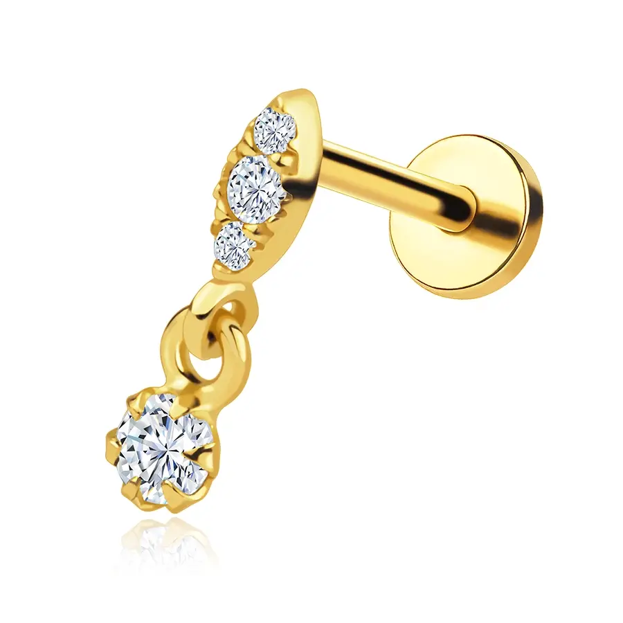 Zlatý piercing labret 14K zrnko so zirkónmi a visiacim zirkónom