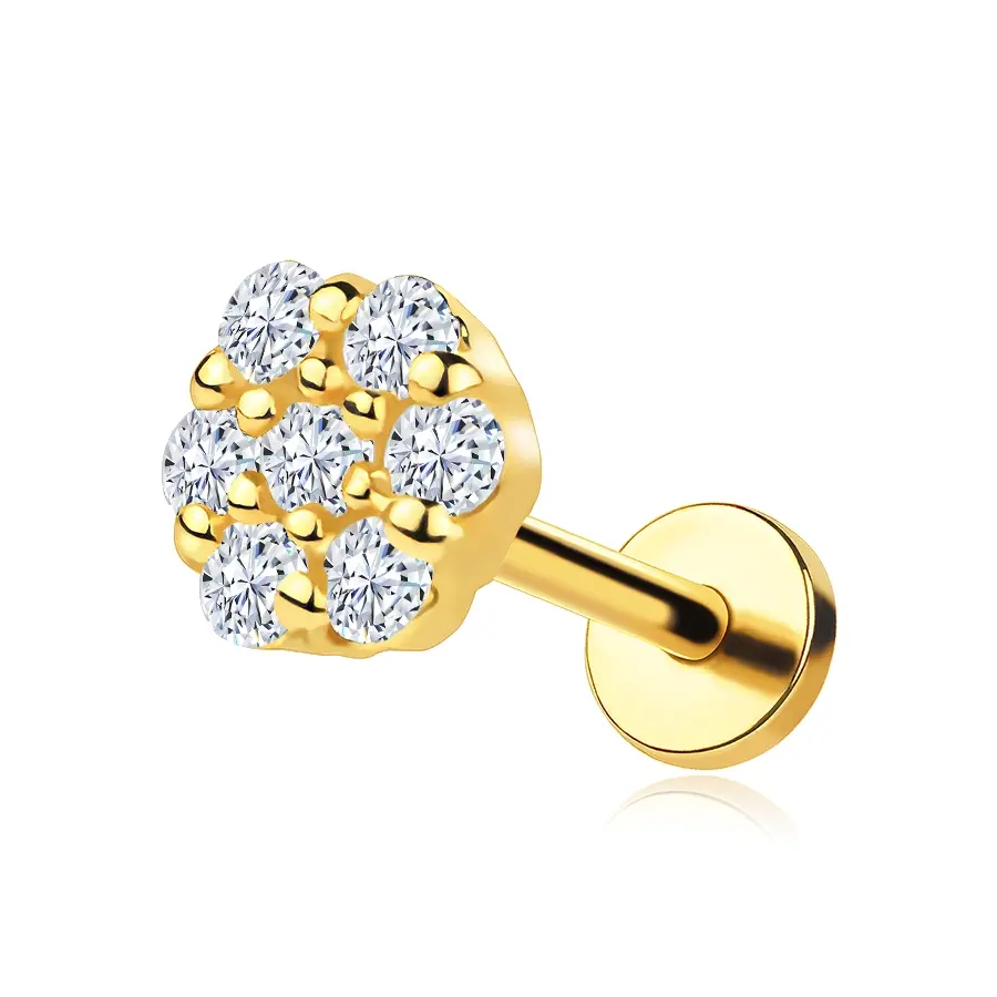 Zlatý piercing labret 14K kvet so zirkónmi