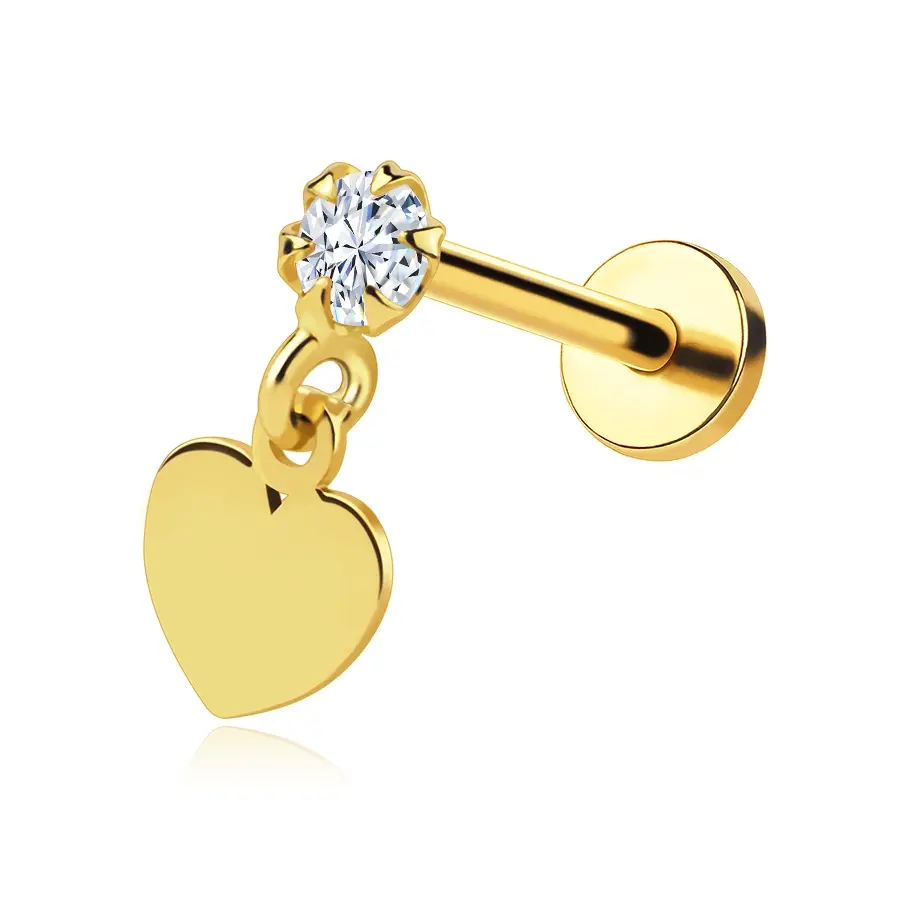 Zlatý piercing labret 14K so zirkónom a visiacim srdcom