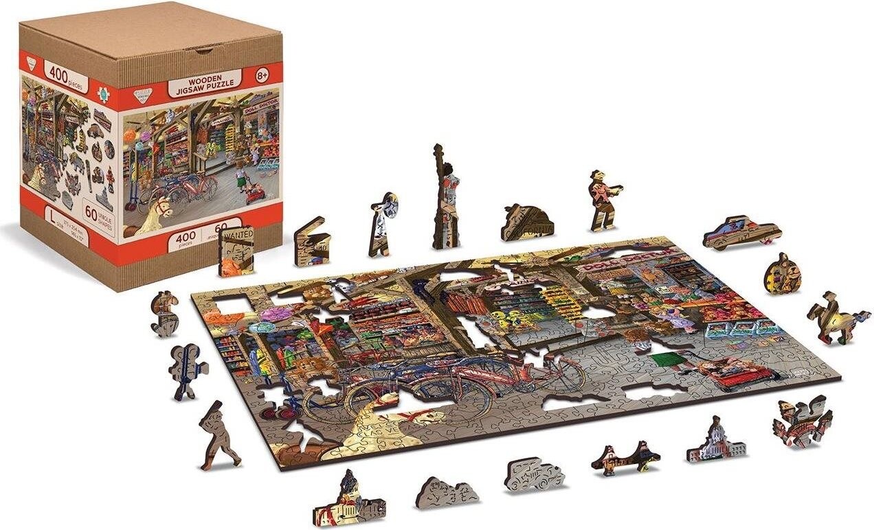 Wooden city Dřevěné puzzle V hračkářství 2v1, 400 dílků eko