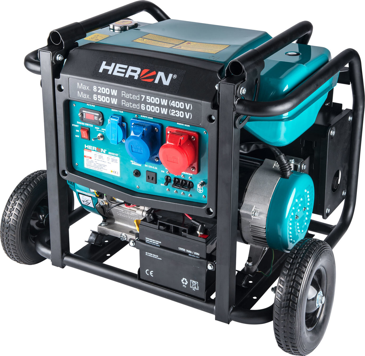 HERON Benzínová elektrocentrála 8,2 kW/10,25 kVA (400 V), 6,5 kW (230 V), el. štart, podvozok