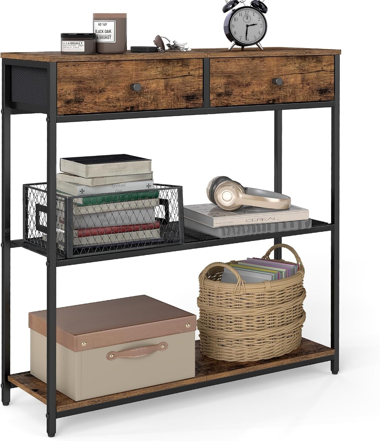 Konzolový stolek s látkovými zásuvkami Vasagle Colus 80 cm černý/hnědý