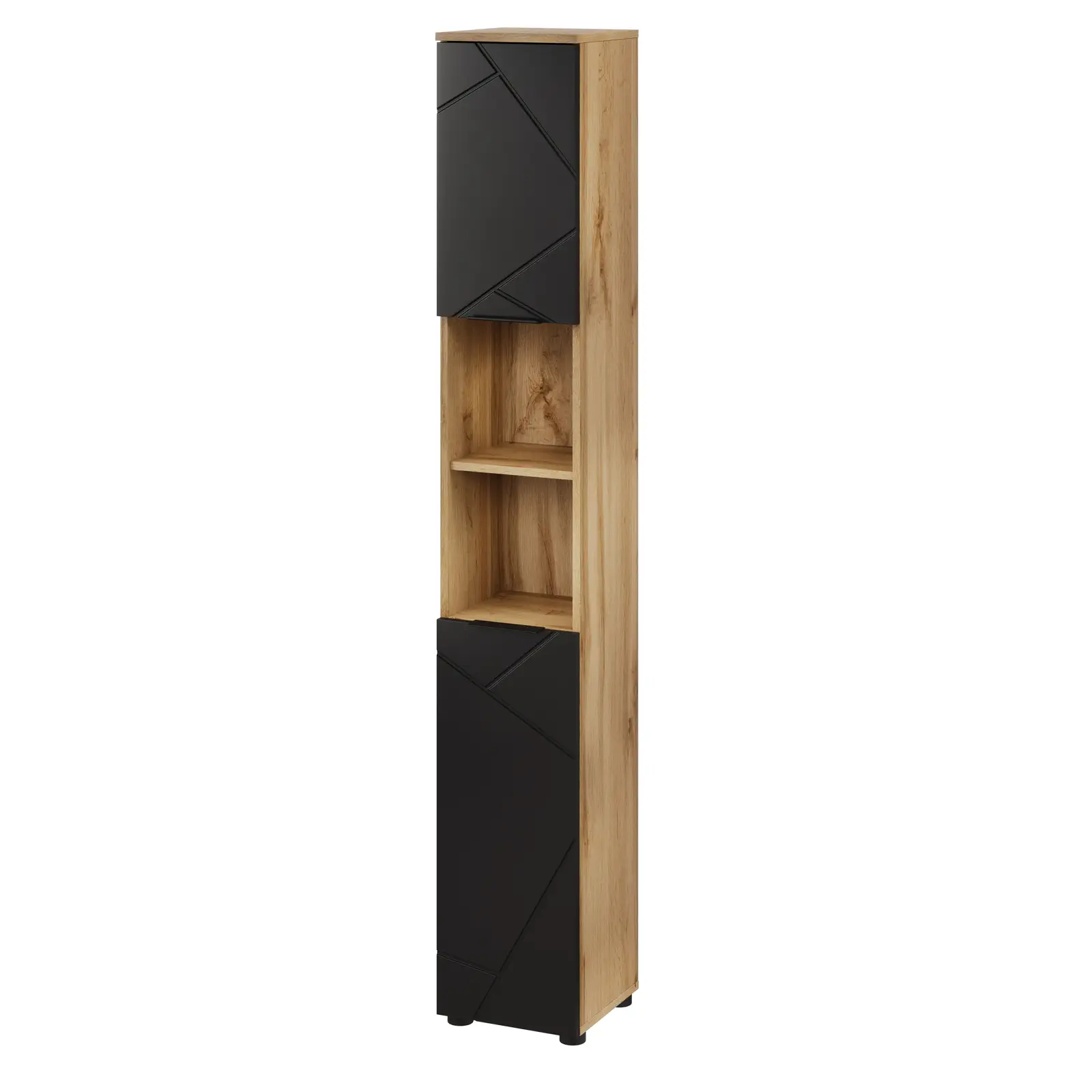 Vysoká koupelnová skříňka Mazi 70 30 cm dub Wotan/černá