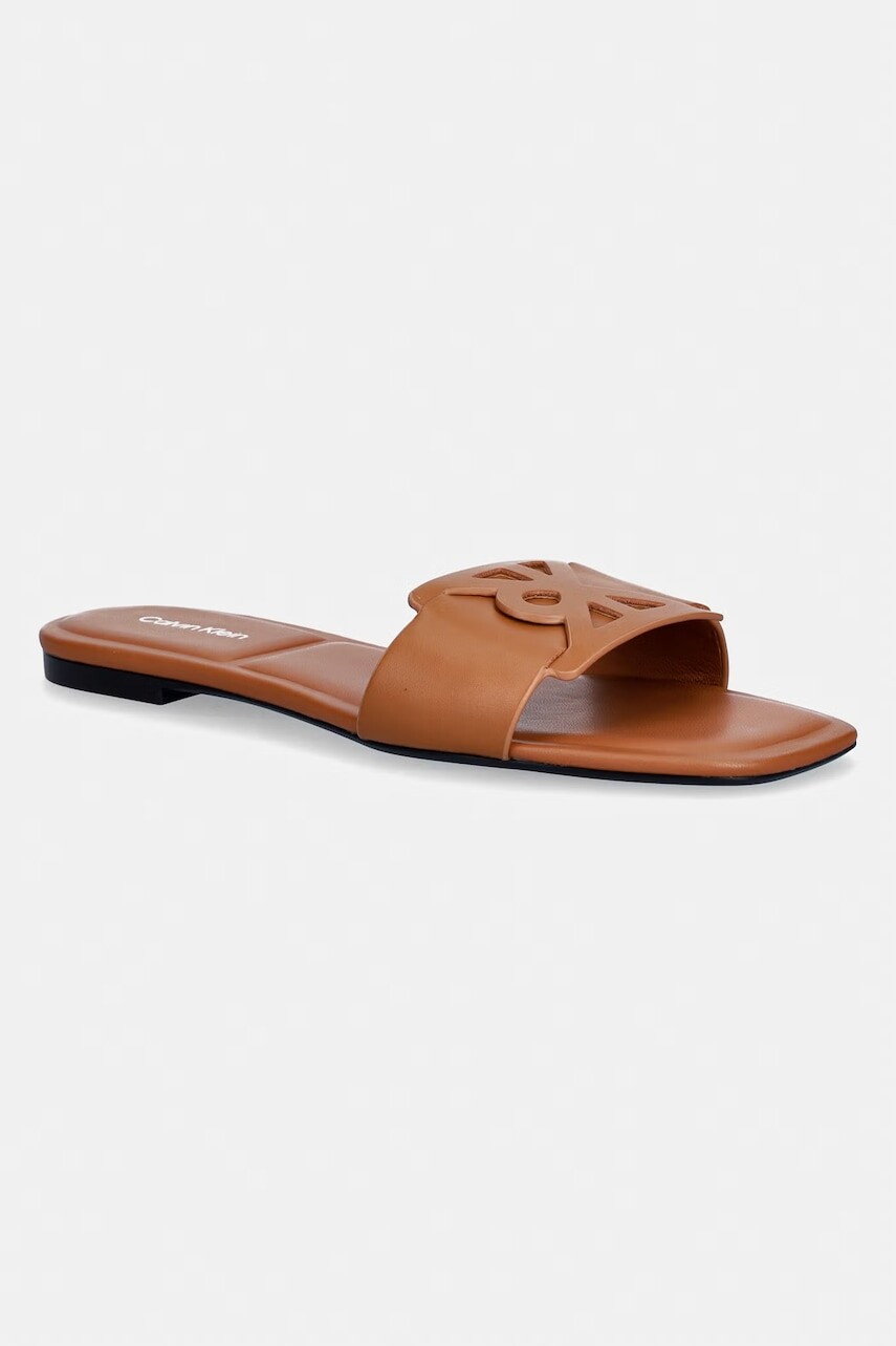 Calvin Klein šľapky dámske kožené SQUARE FLAT SANDAL EMBLEM