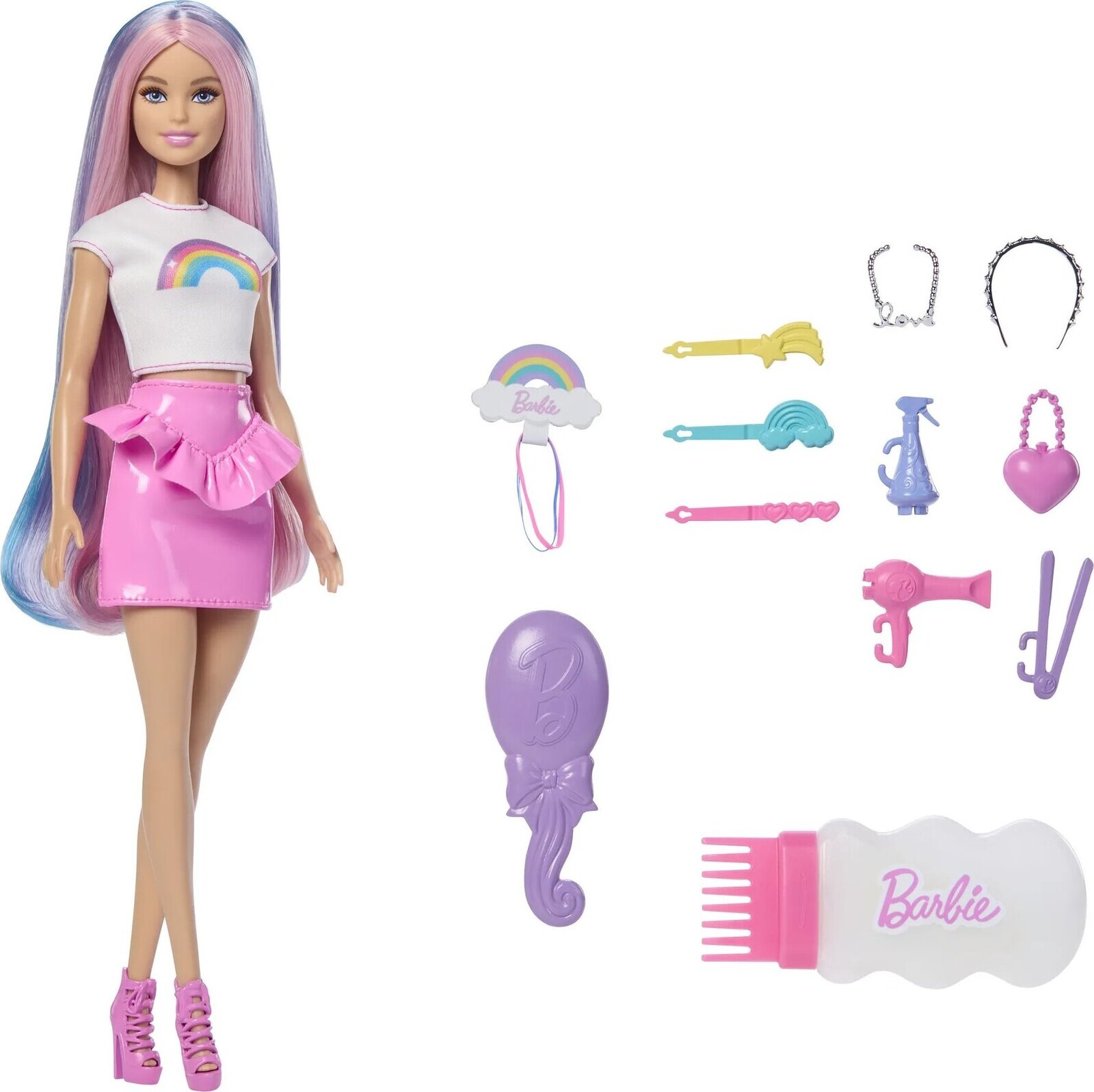 Barbie s dúhovými vlasmi a trblietavým stylingom