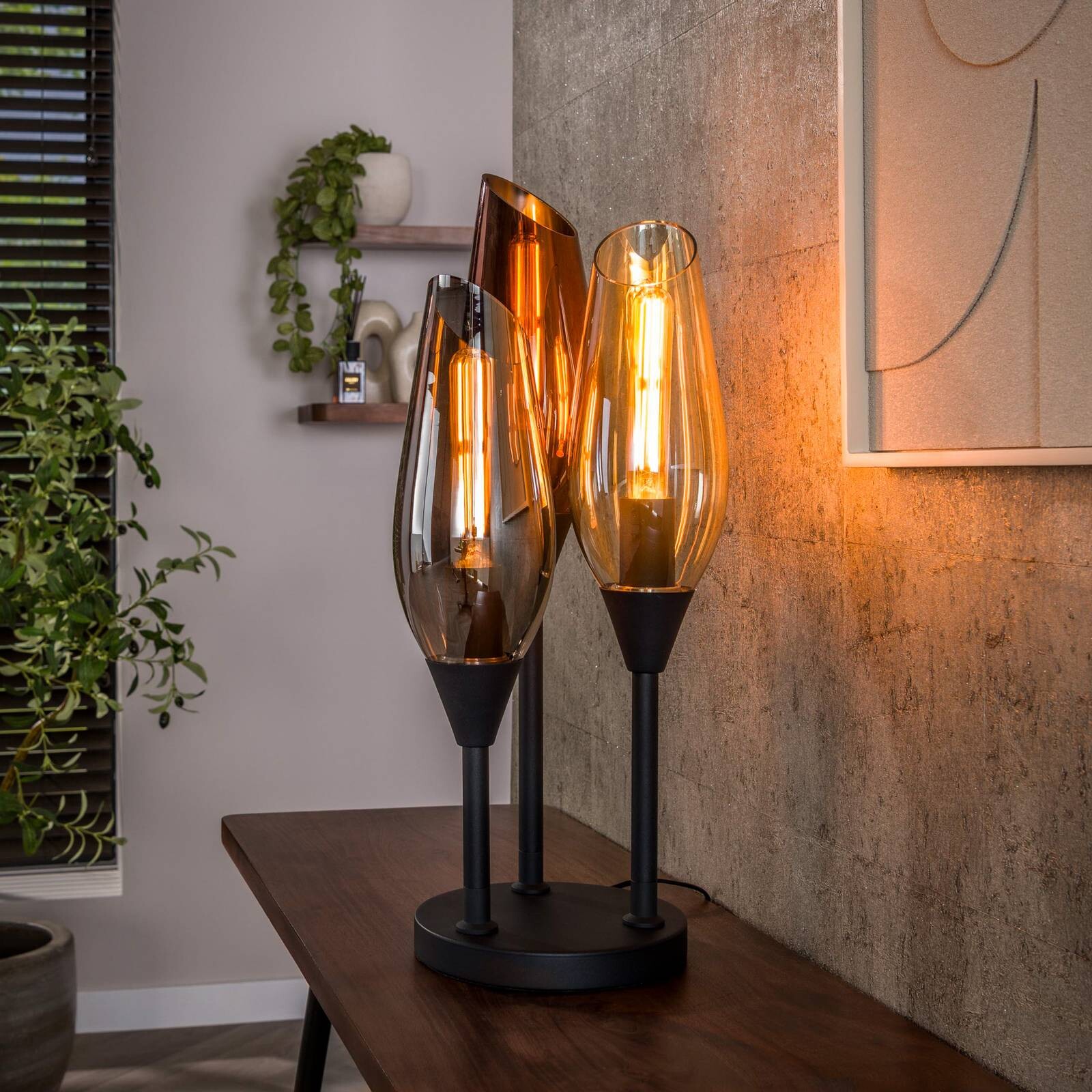 Stolová lampa Cocoon, čierna, 3-pl., výška 59 cm, sklo, E27