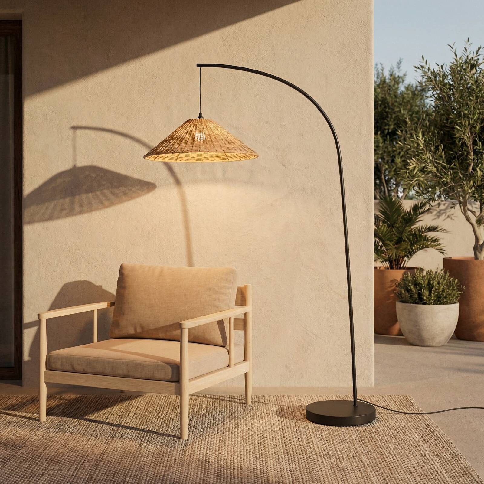 Lucande Vonkajšia lampa Taniola, kužeľovitá, ratan, 195 cm, IP44