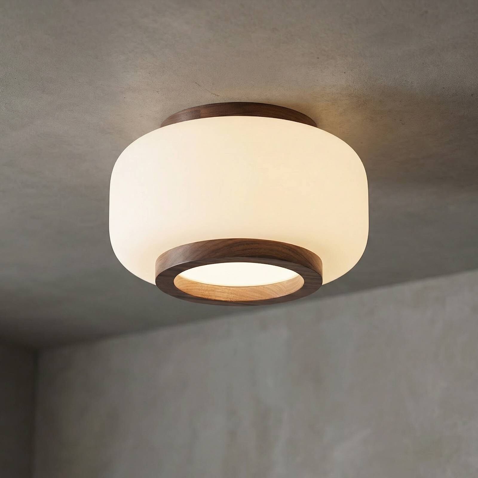 Stropné LED svetlo Quitani Shiro, Ø 28 cm, drevo/sklo, CCT