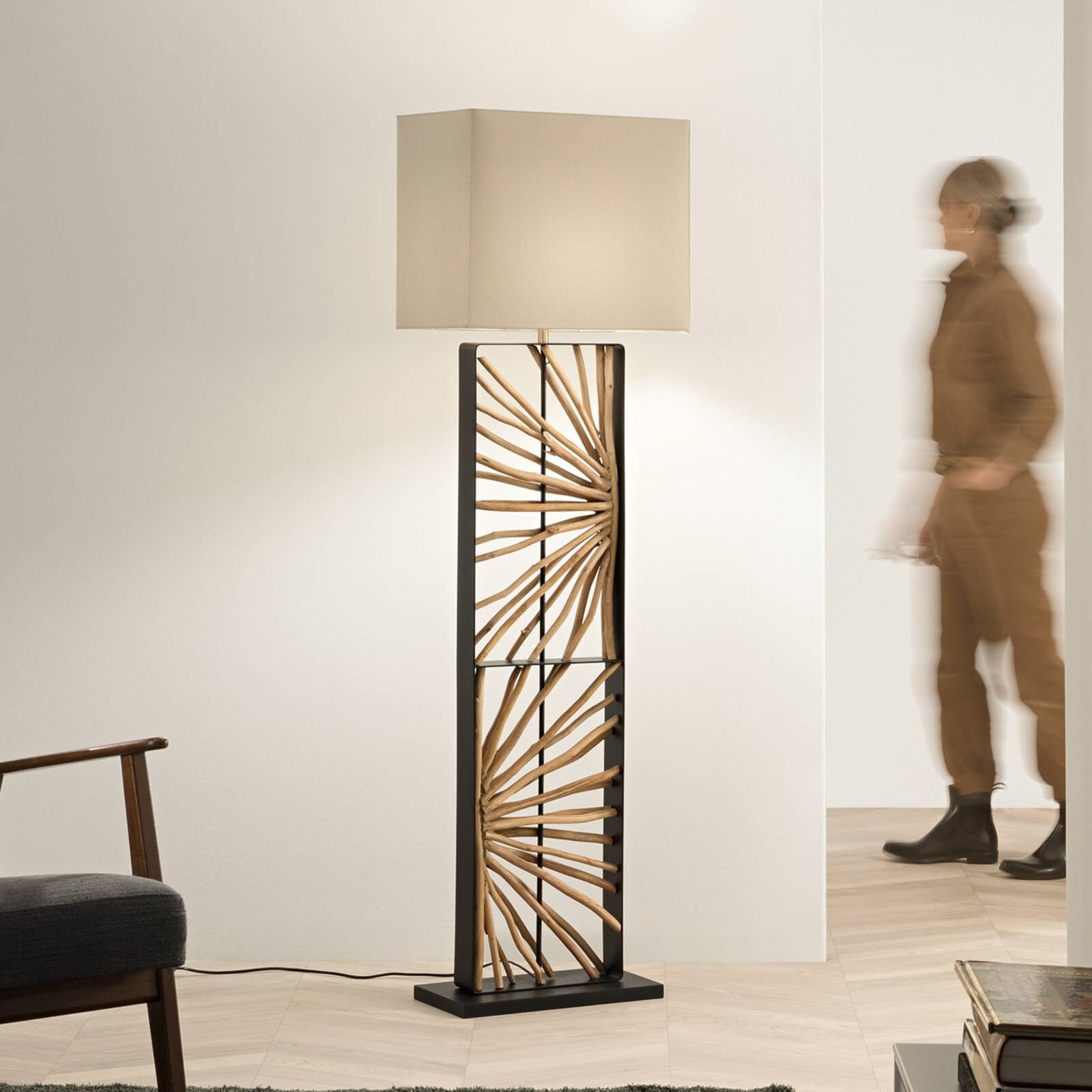 Stojacia lampa ETHERNAL čierna/drevo/biela, výška 165 cm, drevo/látka