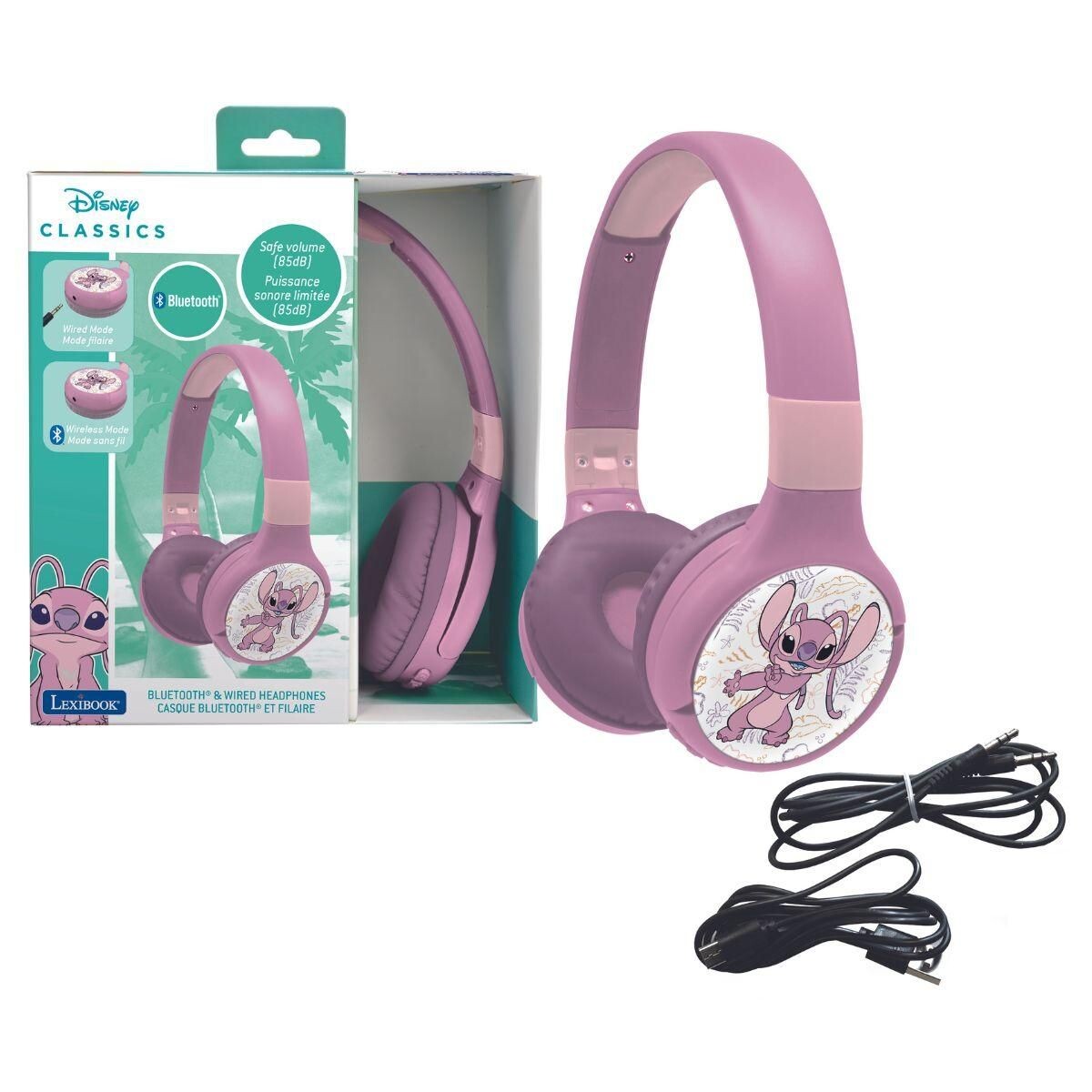 Lexibook 2v1 bluetooth skládací sluchátka Stitch Angel s limitem hlasitosti