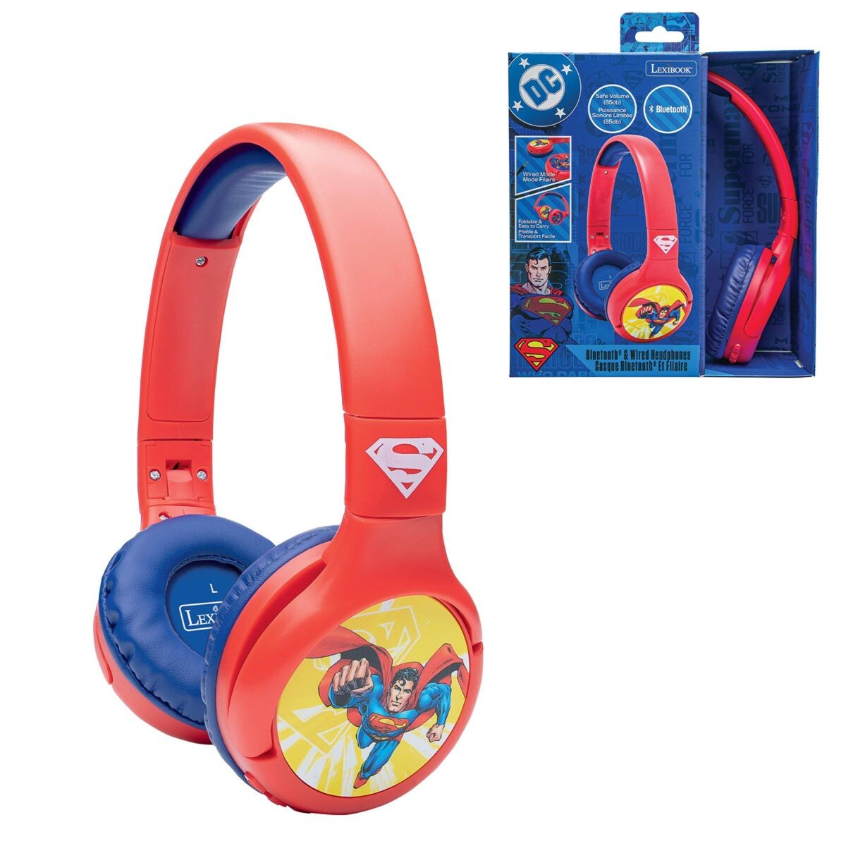 Lexibook 2v1 bluetooth skladacie slúchadlá Superman s limitom hlasitosti
