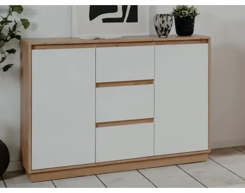 Komoda so šuplíkmi Dallas, 117 cm, dub artisan/lesklá biela%