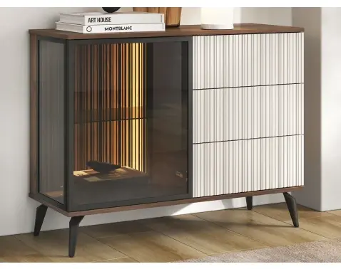 Komoda s presklením Vici 103 cm, orech/kašmírovo béžová, s osvetlením%