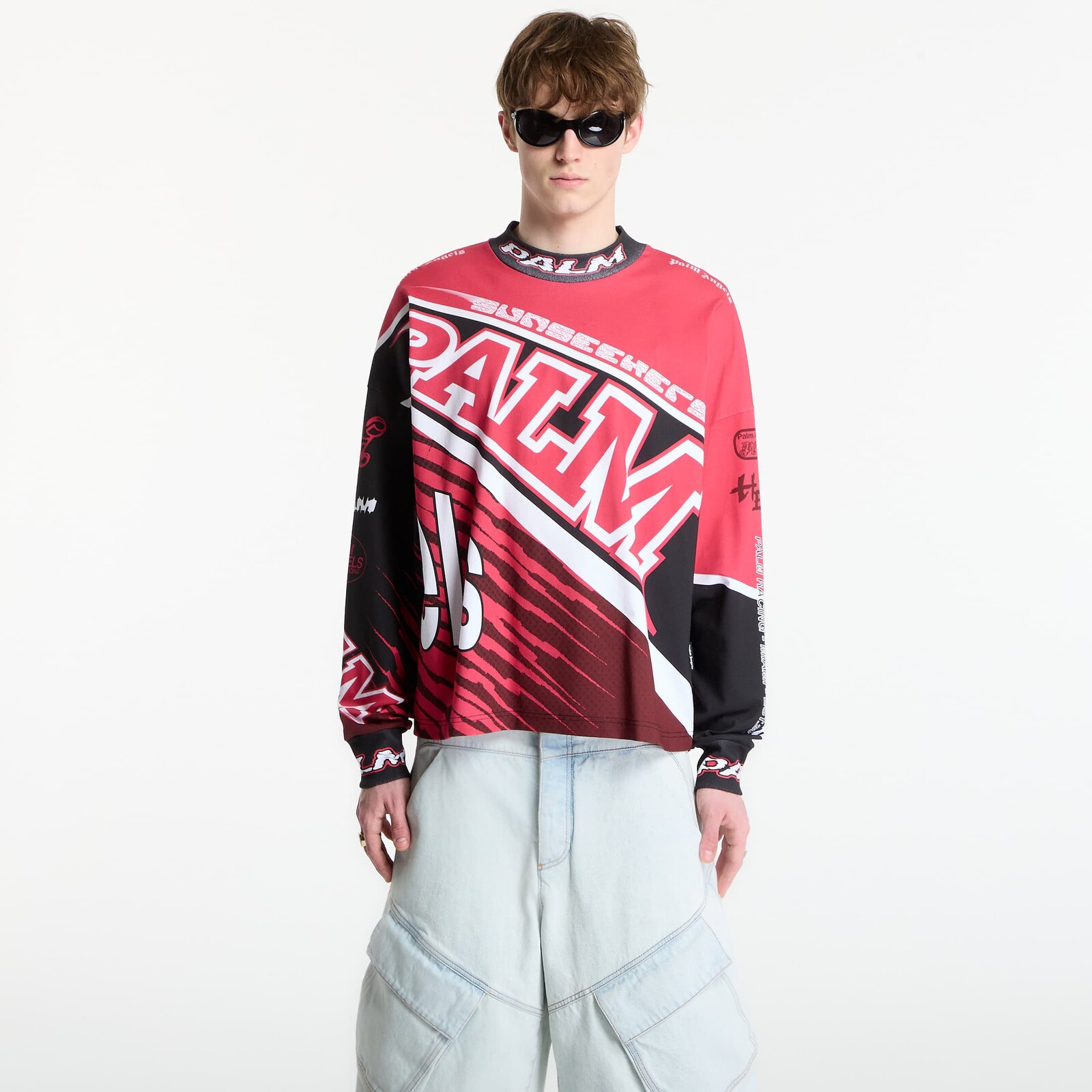 Tričko Palm Angels Racing Loose Long-Sleeved T-Shirt UNISEX White/ Navy Blue XL