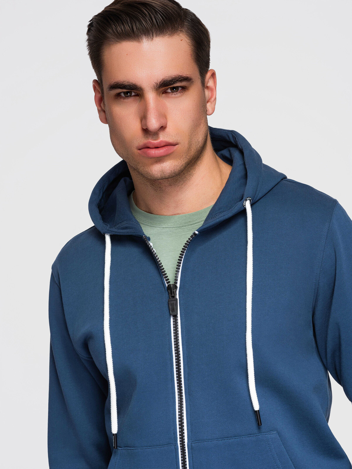 Ombre Men's cotton BASIC zip-up sweatshirt with hood - navy blue