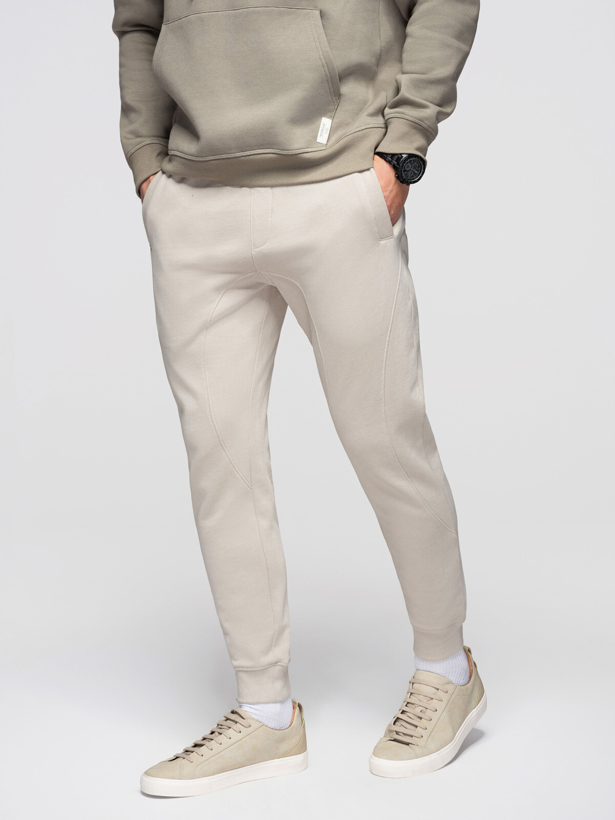 Ombre BASIC jogger men's sweatpants with ribbed leg - light beige