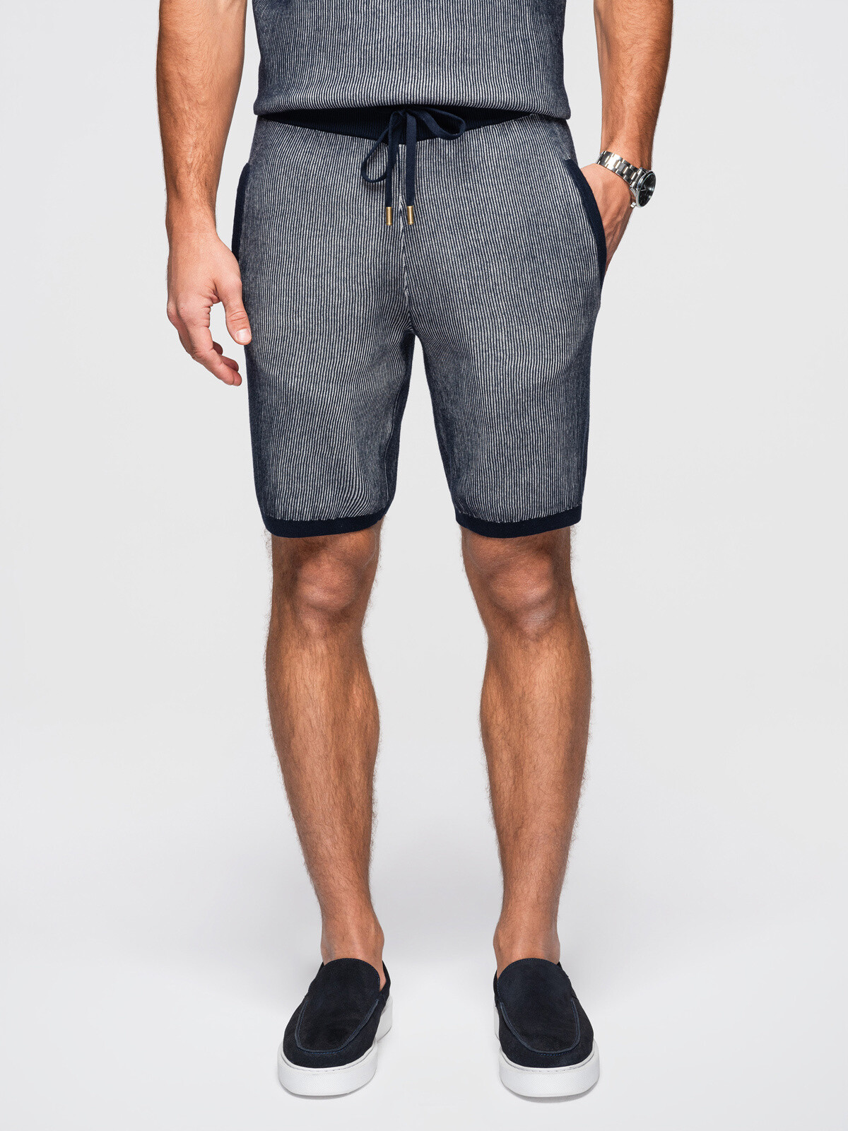 Ombre Men's knit shorts with adjustable waistband - navy blue