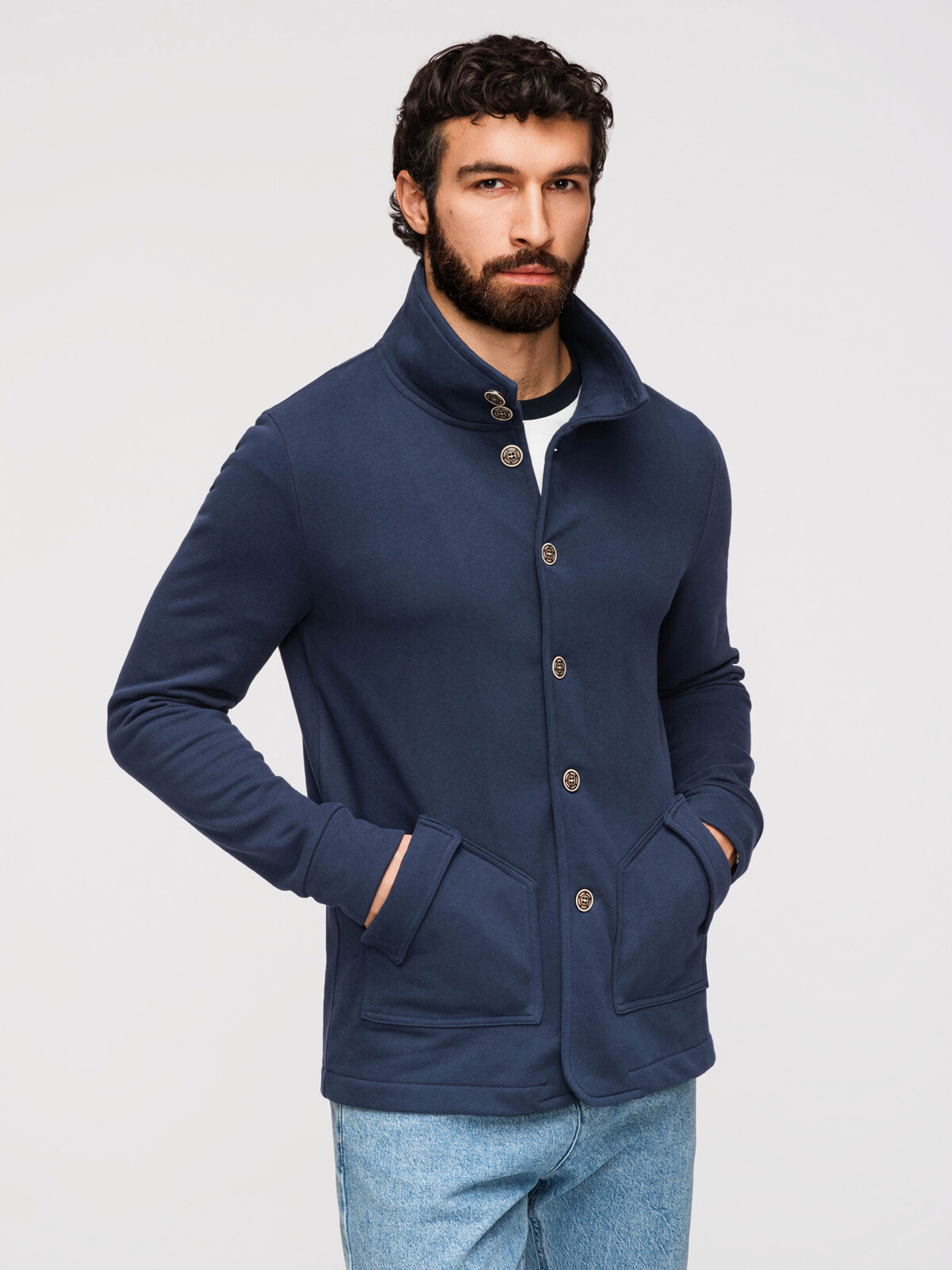Ombre Men's knitted button-down sweatshirt with stand-up collar