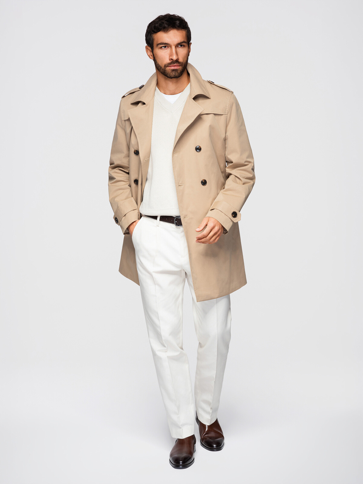 Ombre Elegant double-breasted men's SLIM FIT trench coat with belt - beige