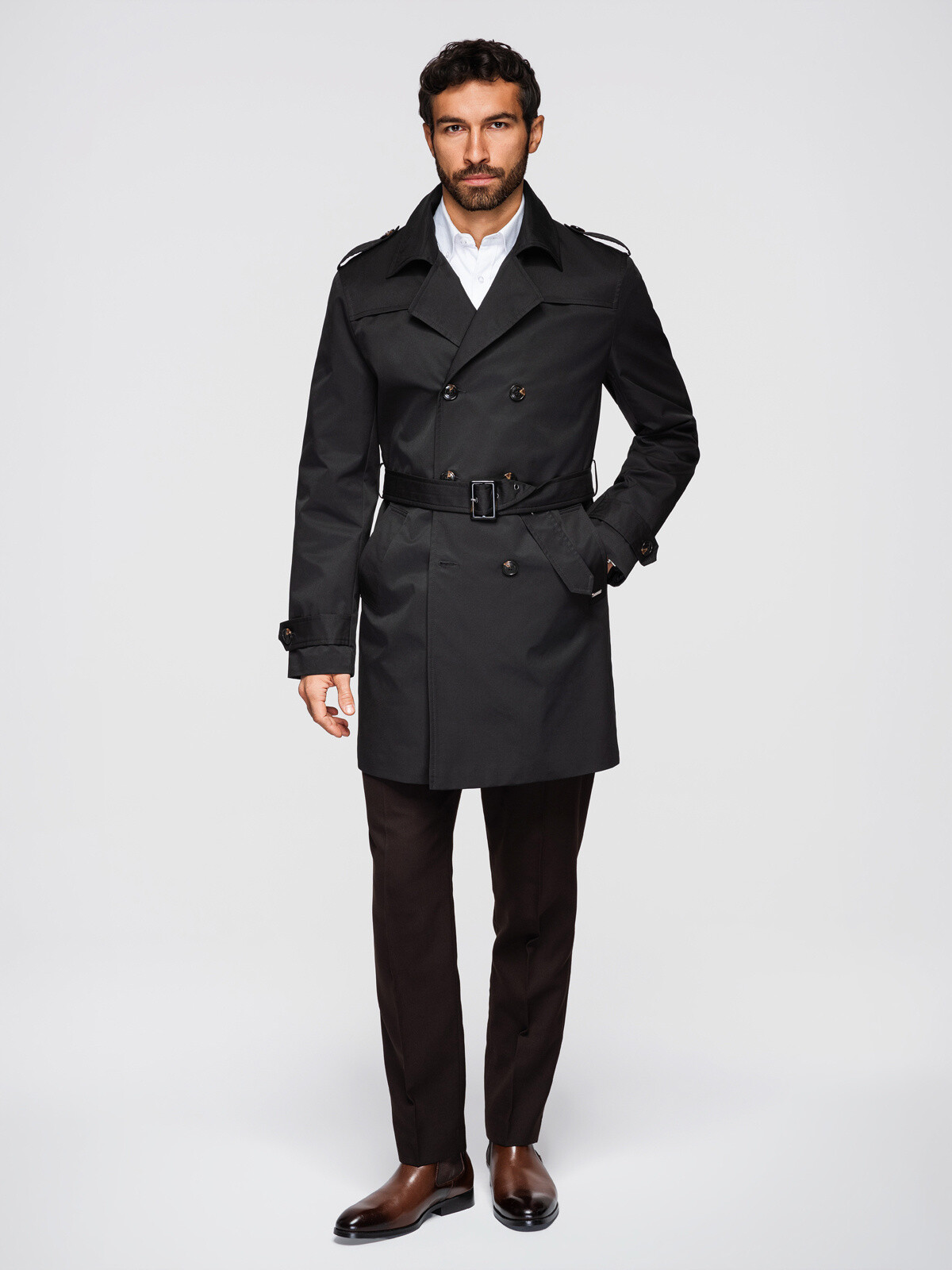 Ombre SLIM FIT men's double-breasted elegant trench coat with belt - black