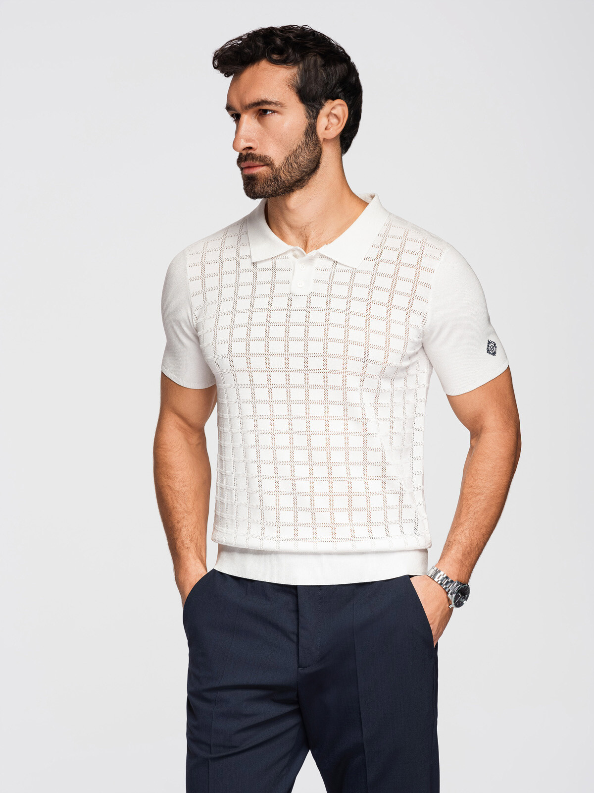Ombre Men's viscose openwork polo shirt - white