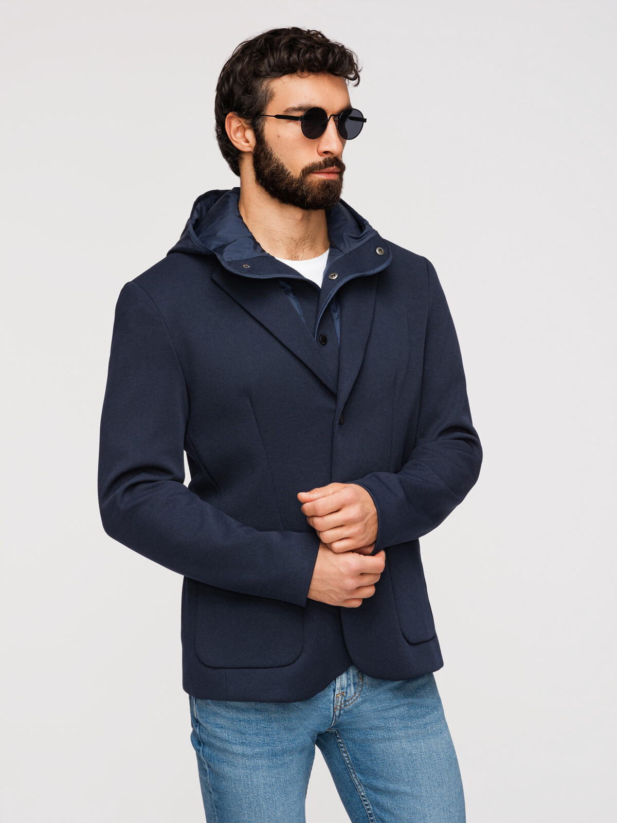 Ombre Men's structured jacket with hooded lining and high collar