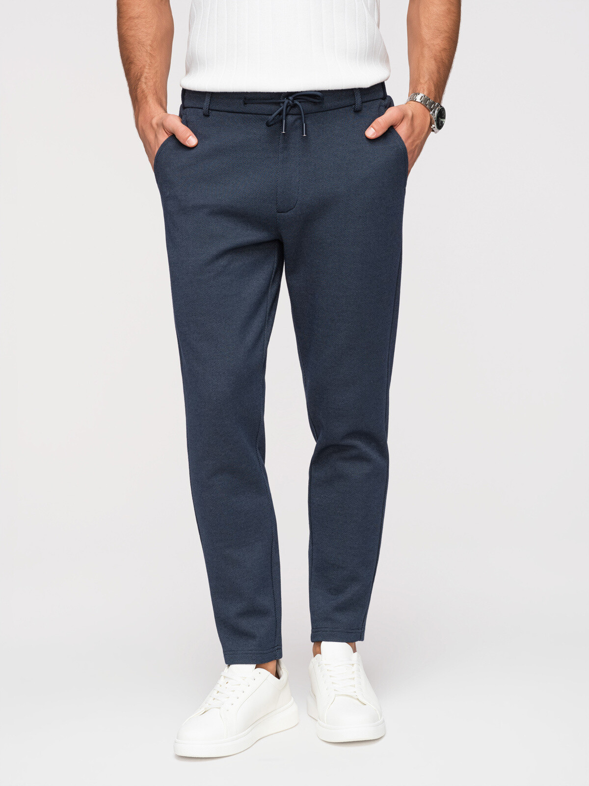 Ombre Men's casual CARROT FIT jacquard knit trousers - navy blue