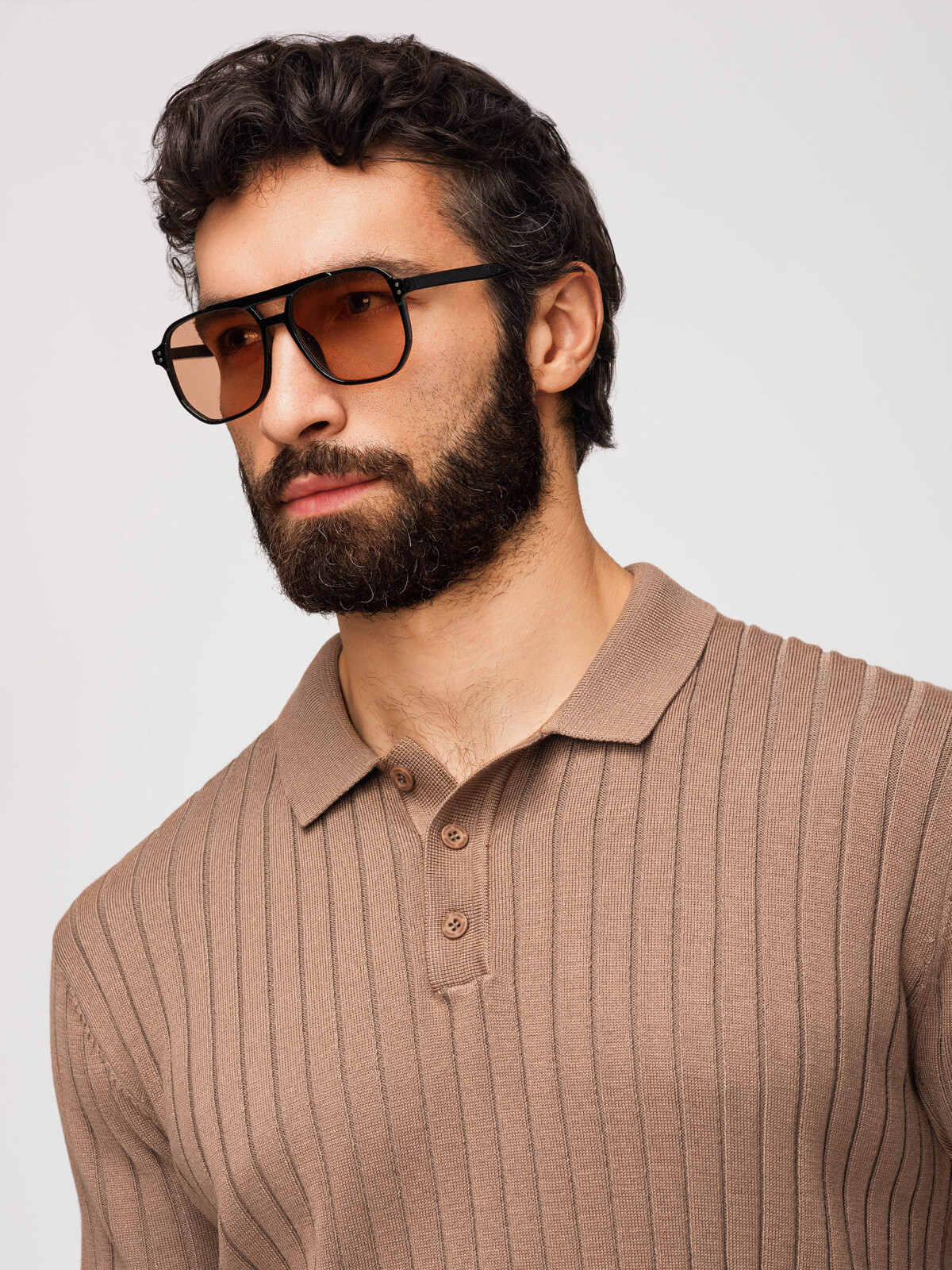 Ombre Men's SLIM FIT viscose vertical striped polo shirt - light brown