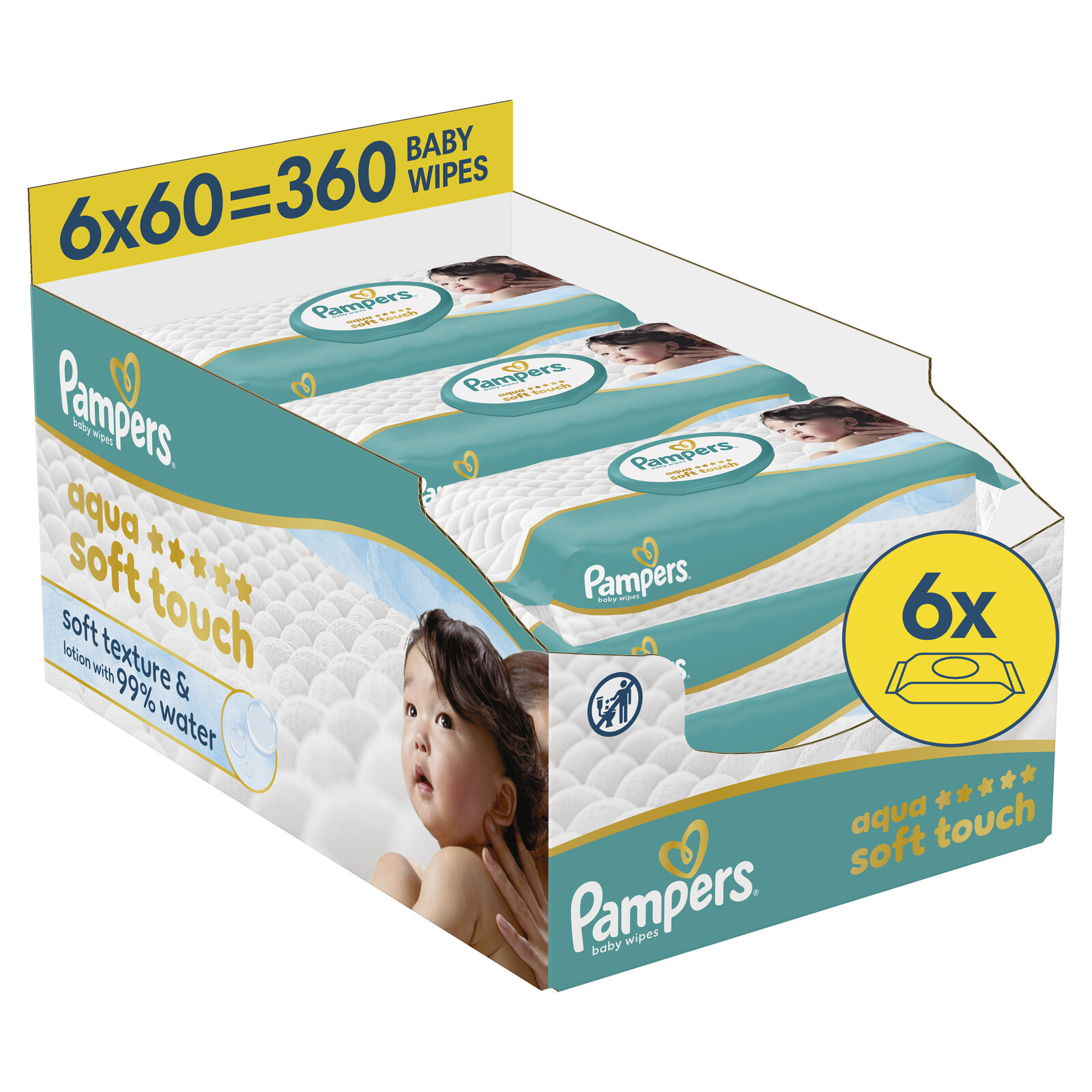 PAMPERS Detské čistiace obrúsky, Aqua Soft Touch Baby 6 x 60 ks