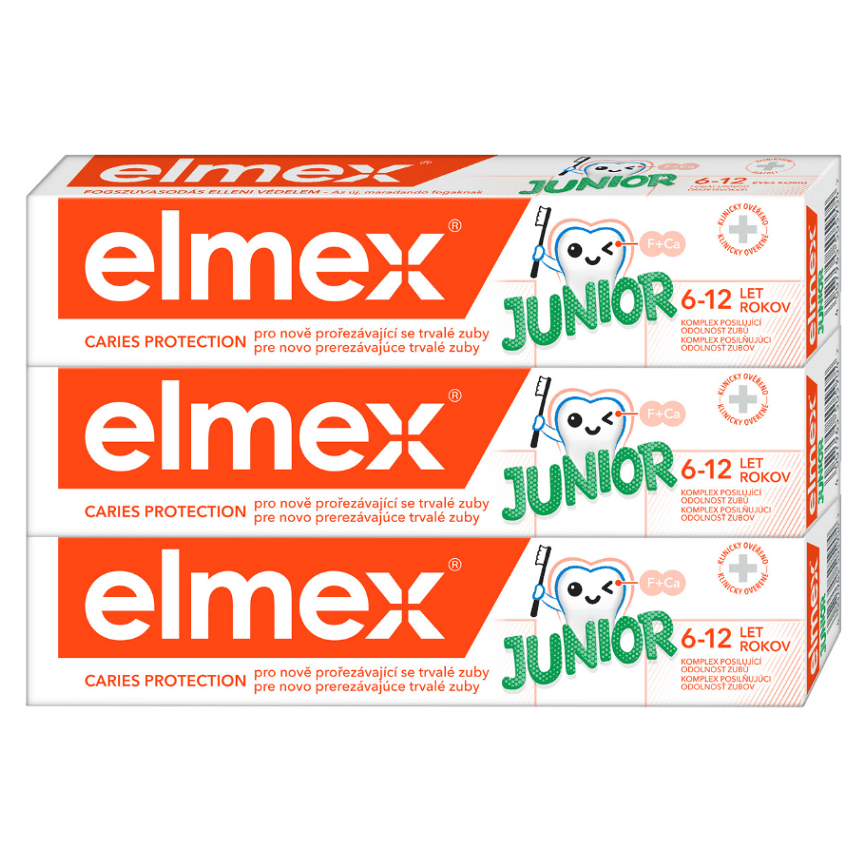ELMEX Junior zubná pasta pre deti vo veku 6-12 rokov 3 x 75 ml, poškodený obal